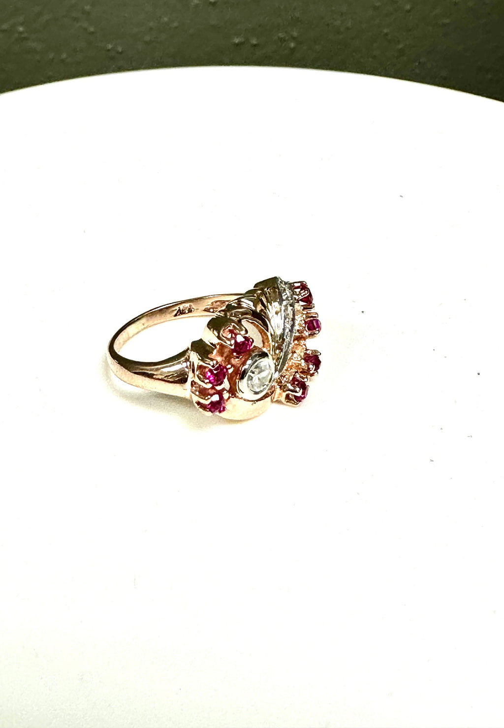Vintage 14K Yellow-Pinkish Gold Ruby and Diamond Retro Ring - Cocktail Jewelry
