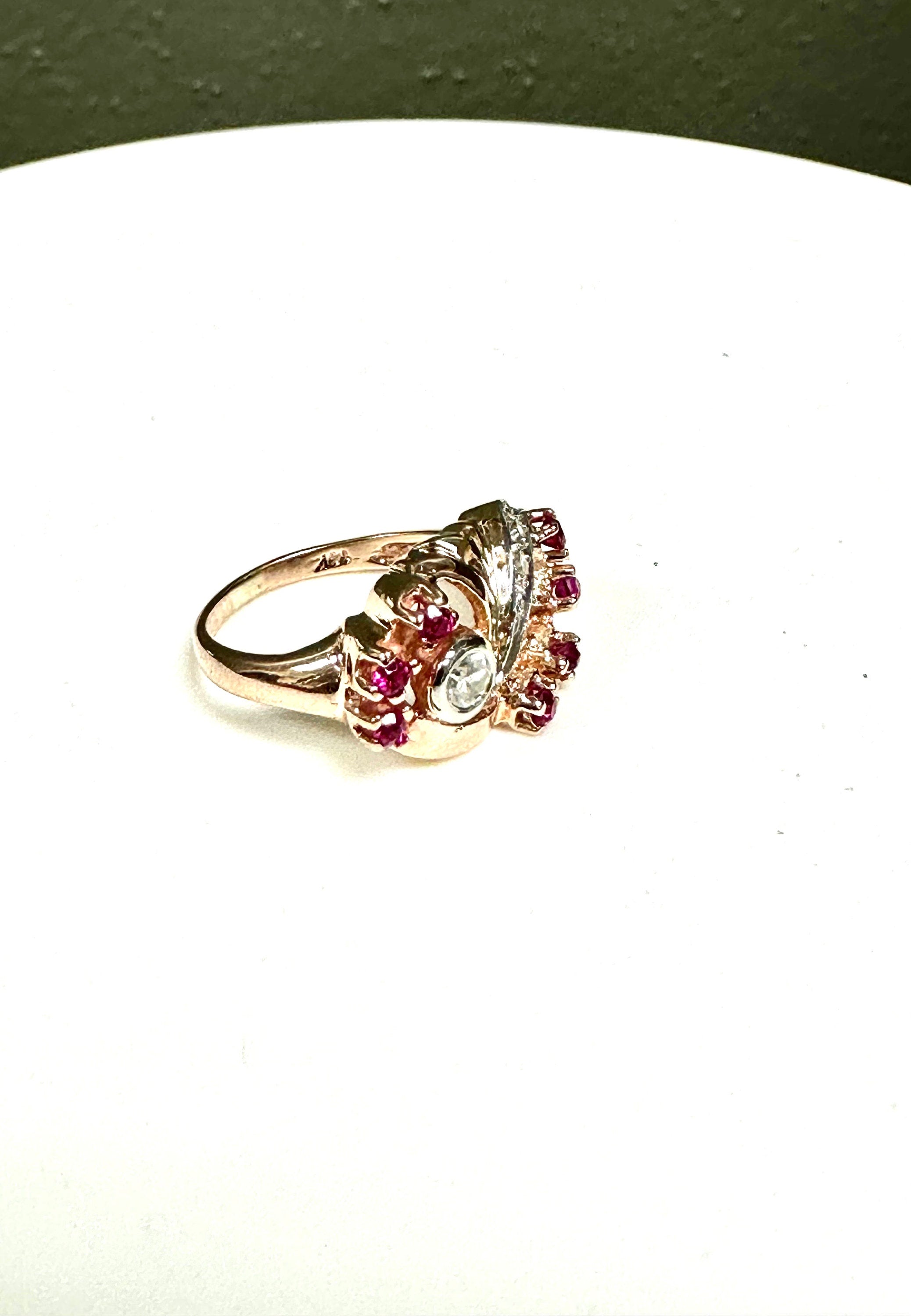 Vintage 14K Yellow-Pinkish Gold Ruby and Diamond Retro Ring - Cocktail Jewelry