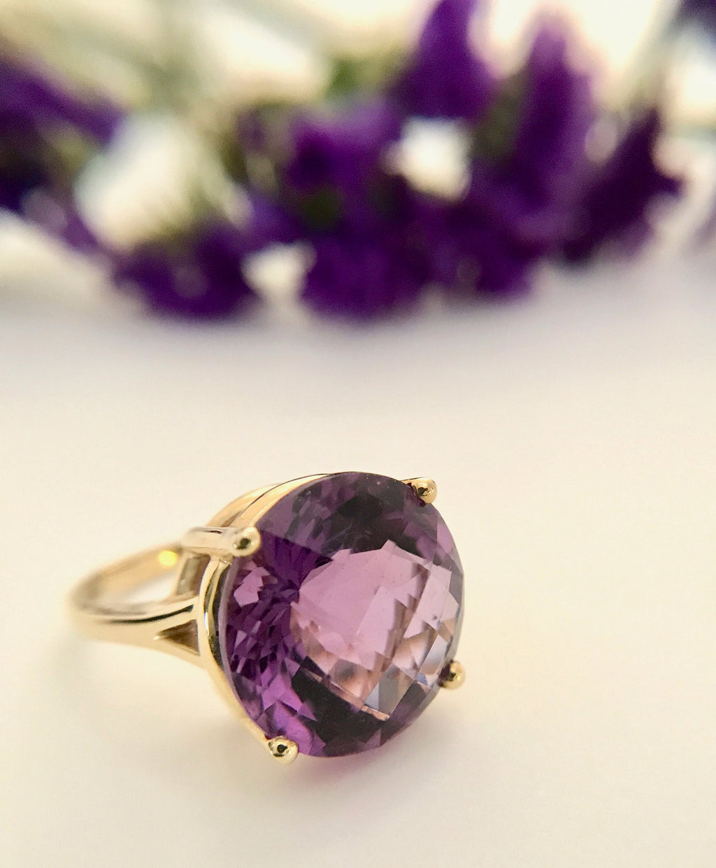 Yellow Gold Vintage Amethyst Ring - Checkerboard Faceted Gemstone