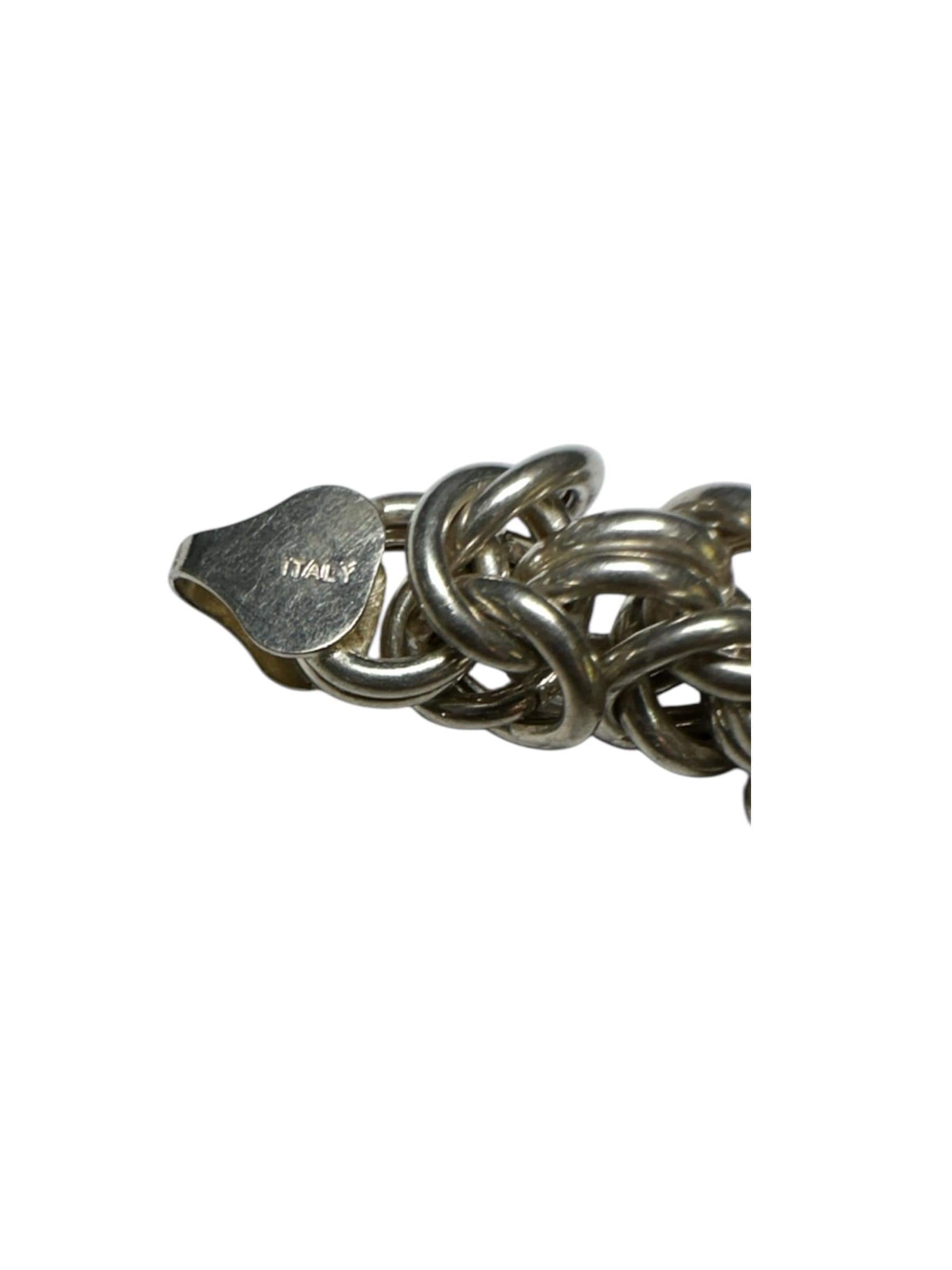Vintage Sterling Silver Byzantine Bracelet with Charms: Soda, Shoe, Heart, Camel