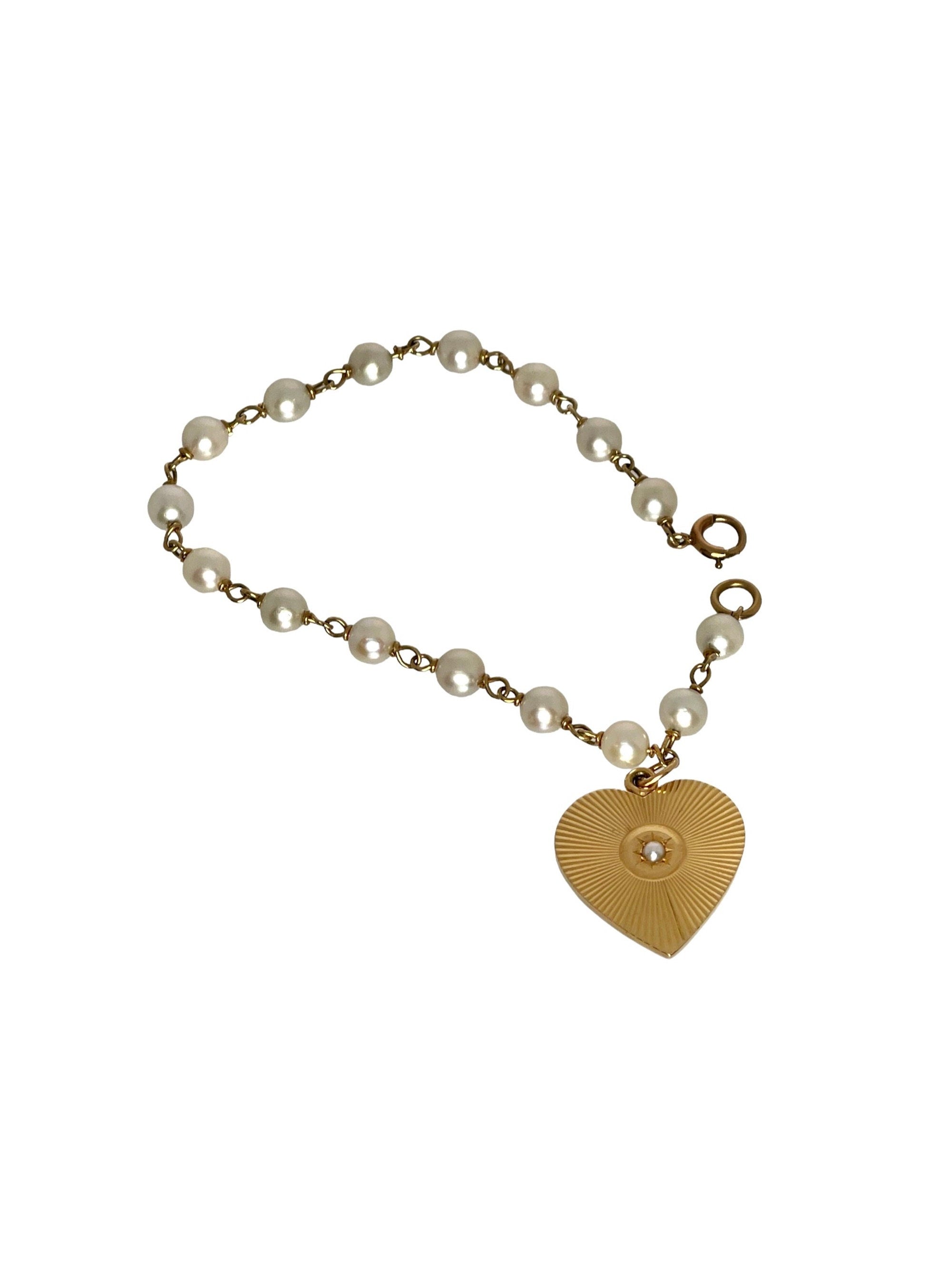 Vintage 14k Gold Heart Charm Bracelet: Cultured Pearl Bridal Jewelry