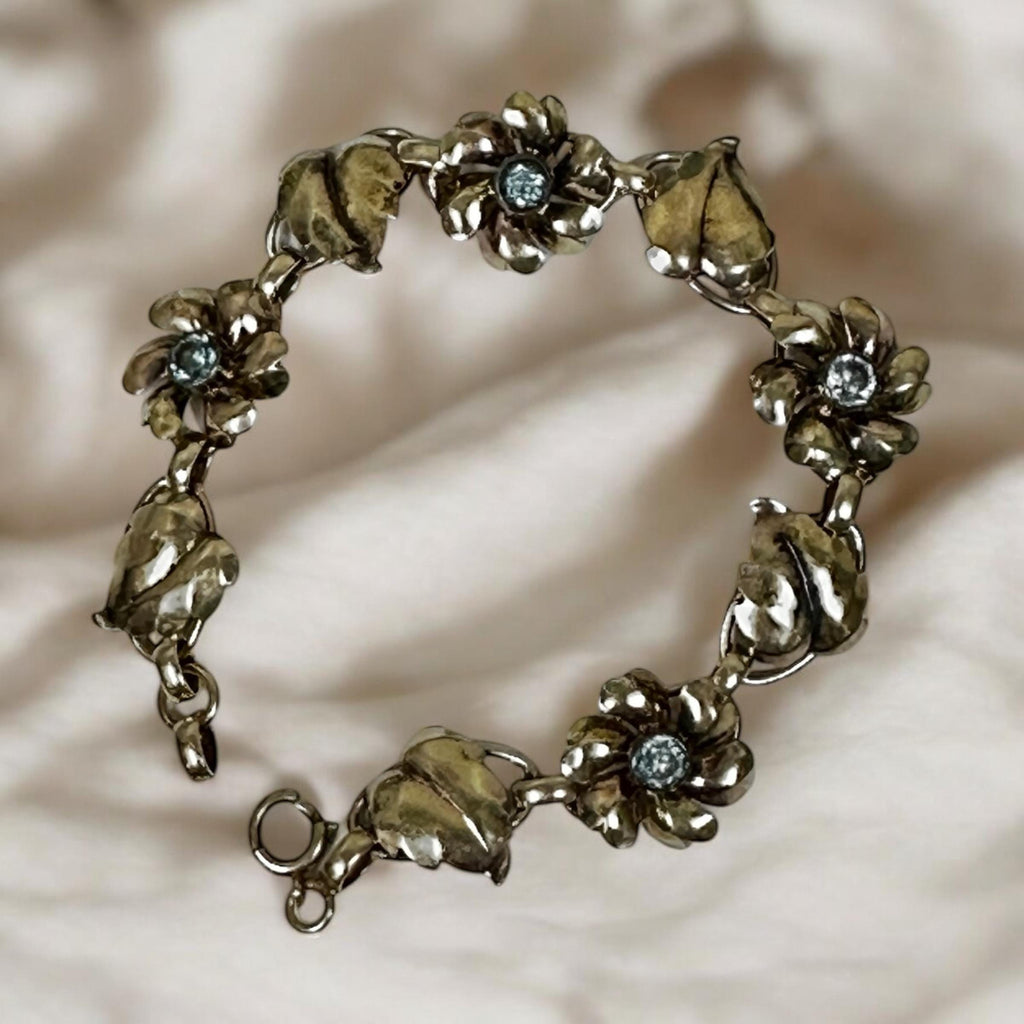 Nature Inspired Gold Filled Bracelet with Blue Glass Flower Detail