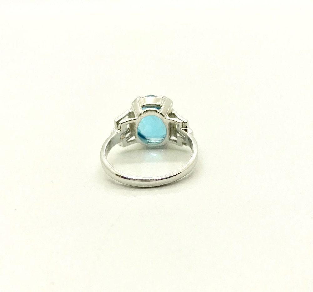 Vintage 10k White Gold Blue Topaz Ring with CZ Accents