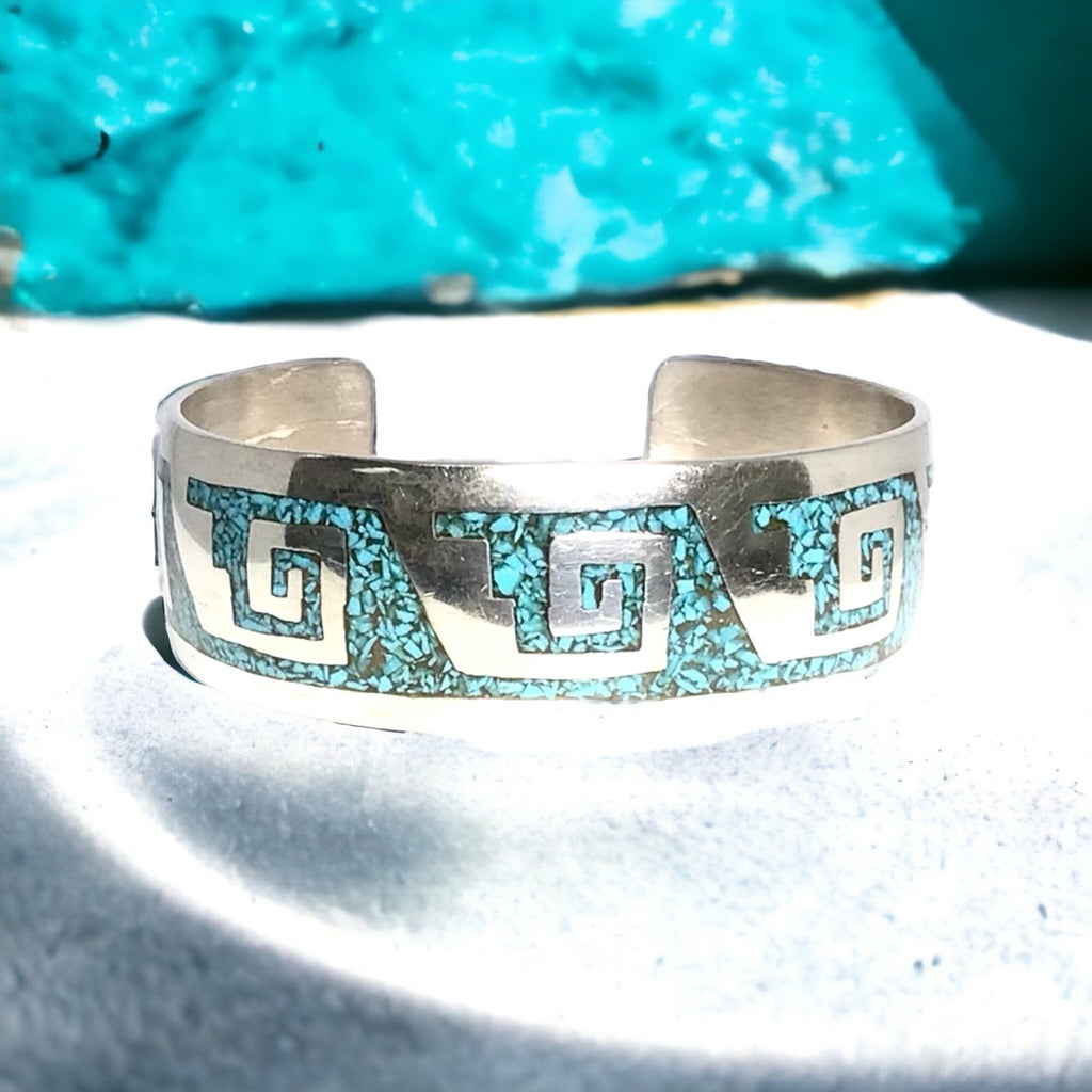 Authentic Native American Silver Chip Turquoise Cuff Bracelet - Statement Piece for Boho Fashion