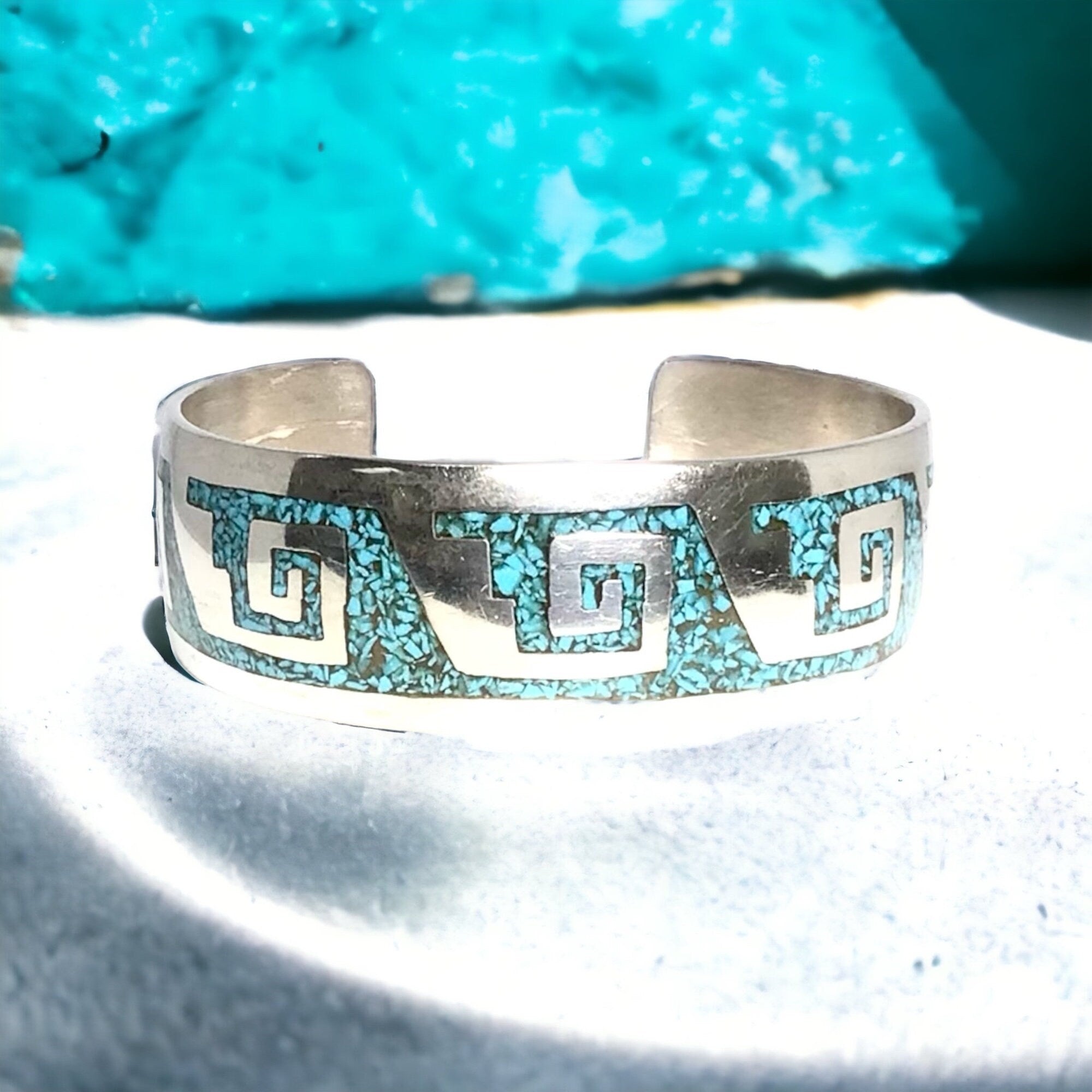 Authentic Native American Silver Chip Turquoise Cuff Bracelet - Statement Piece for Boho Fashion