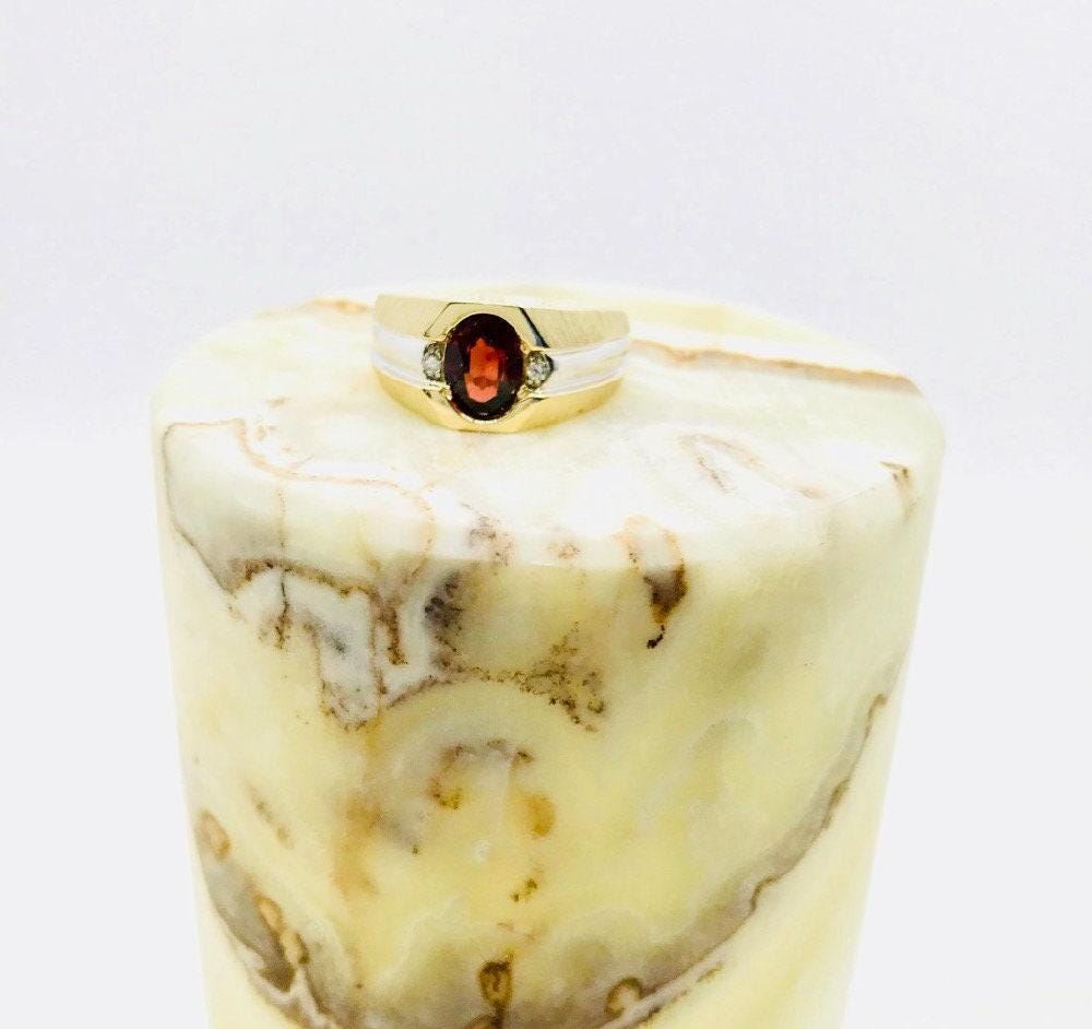 Vintage Garnet and Diamond Two Tone Gold Ring with Brush Finish