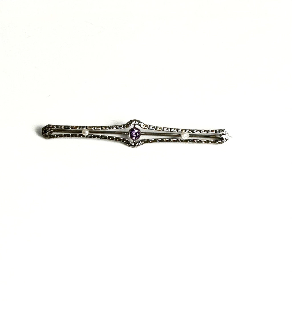 Elegant 10K White Gold Amethyst & Pearl Pin, Edwardian Style Amethyst Brooch