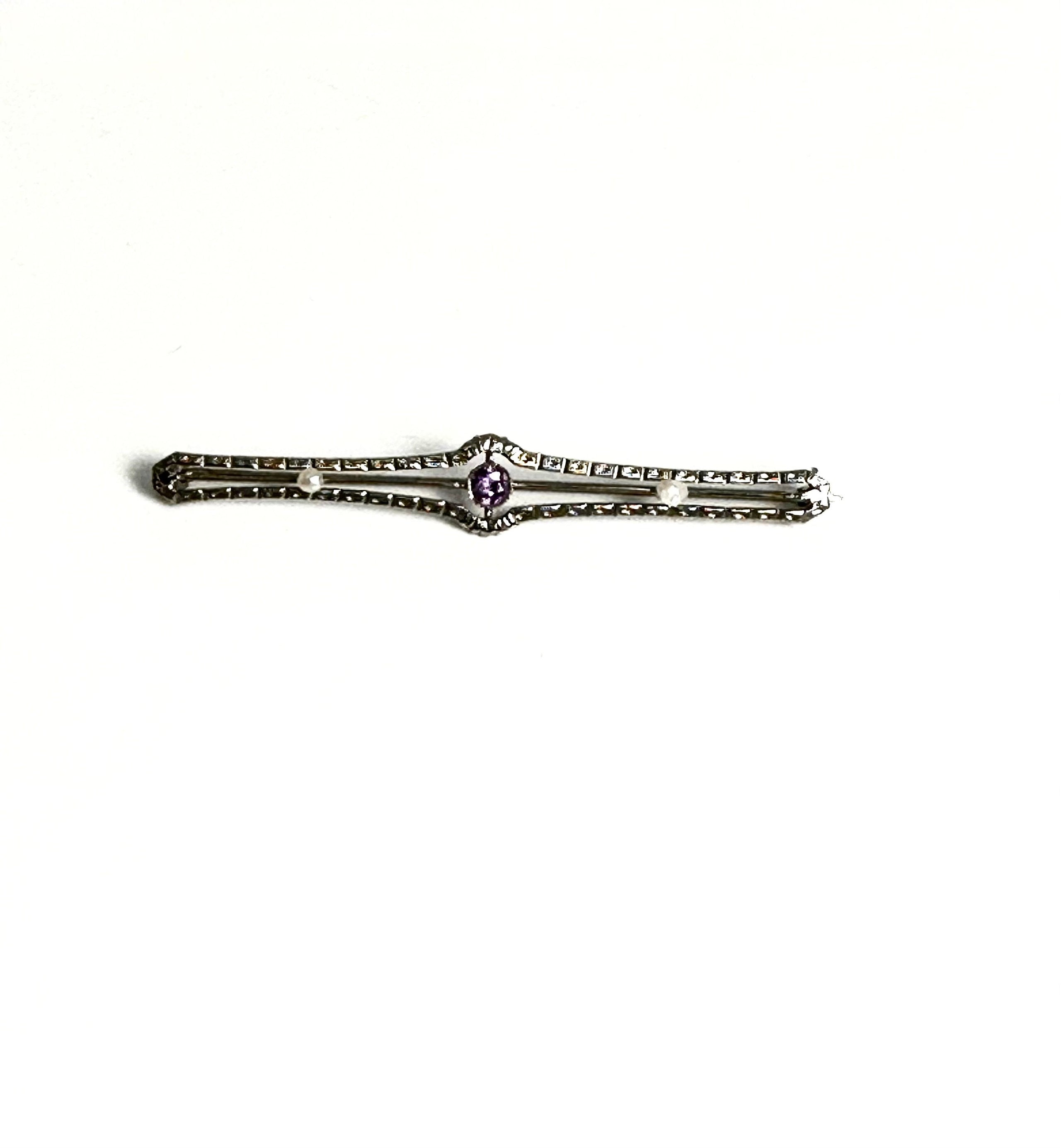 Elegant 10K White Gold Amethyst & Pearl Pin, Edwardian Style Amethyst Brooch