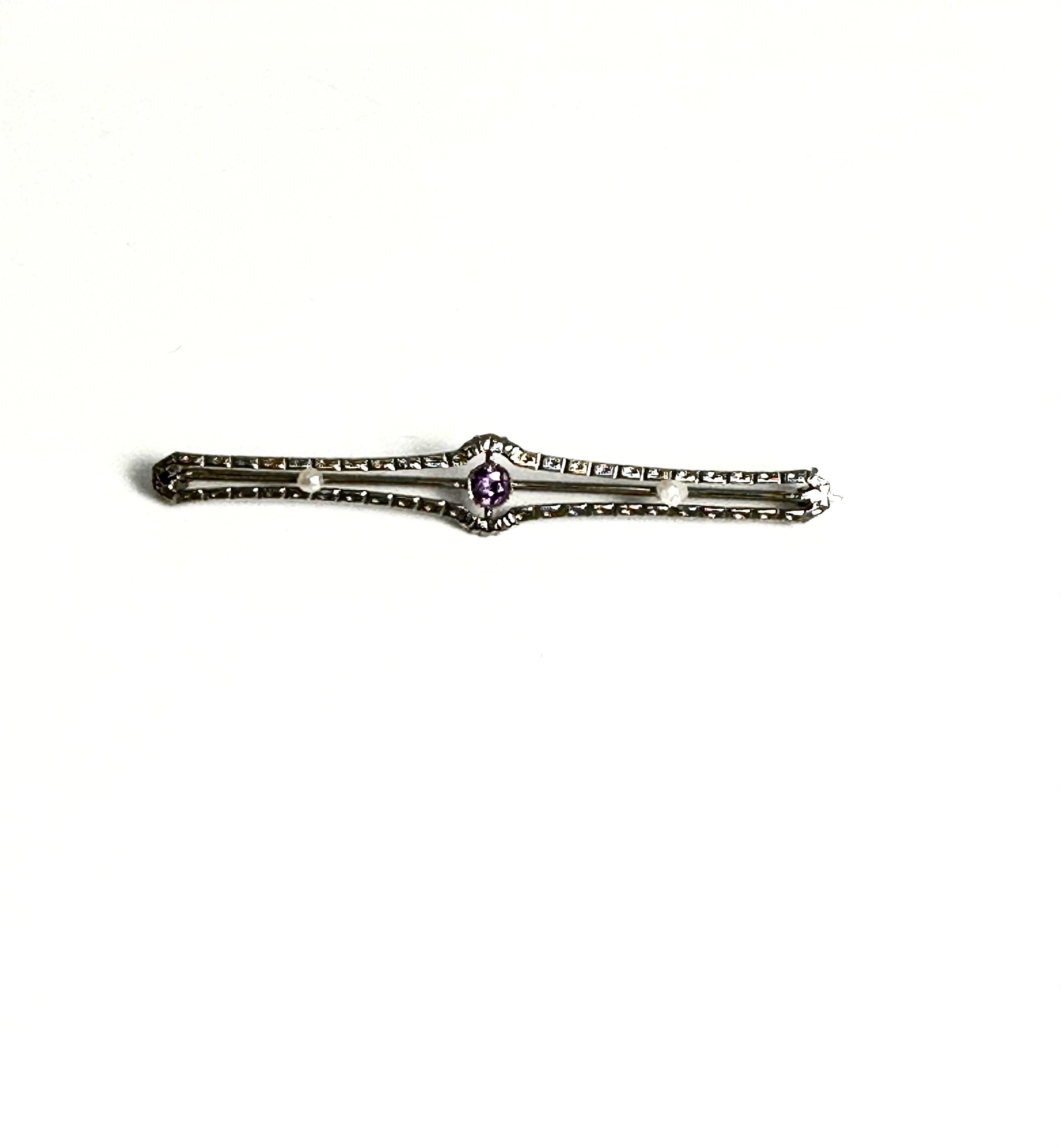 Elegant 10K White Gold Amethyst & Pearl Pin, Edwardian Style Amethyst Brooch
