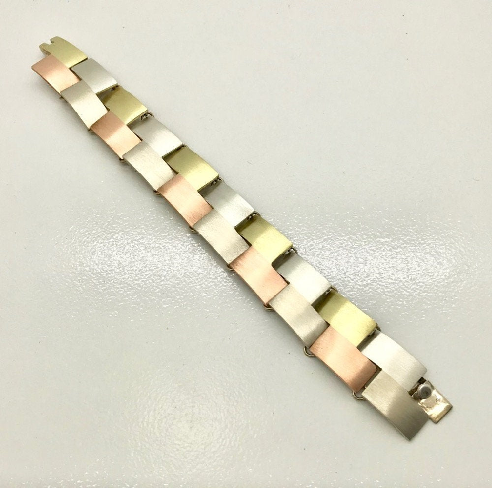 Mixed Metal Necklace Bracelet Earring Set: Sterling Silver, Brass & Copper