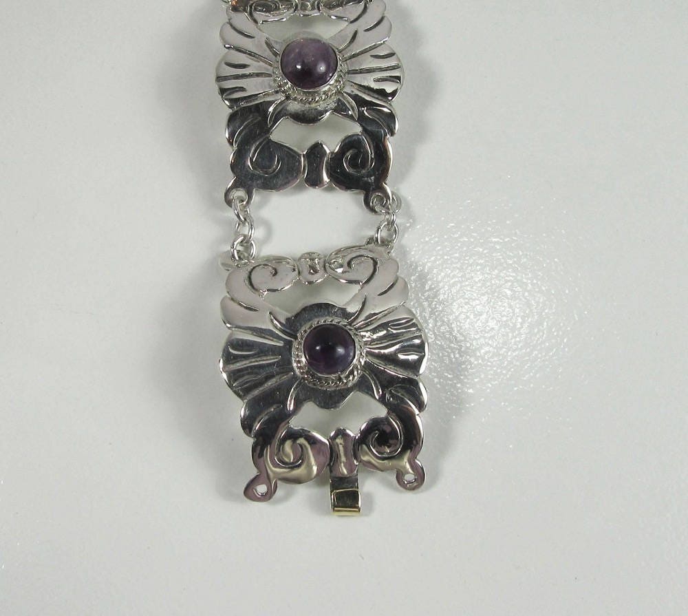 Vintage Mexican Silver Amethyst Link Bracelet: Geometric Scroll Design