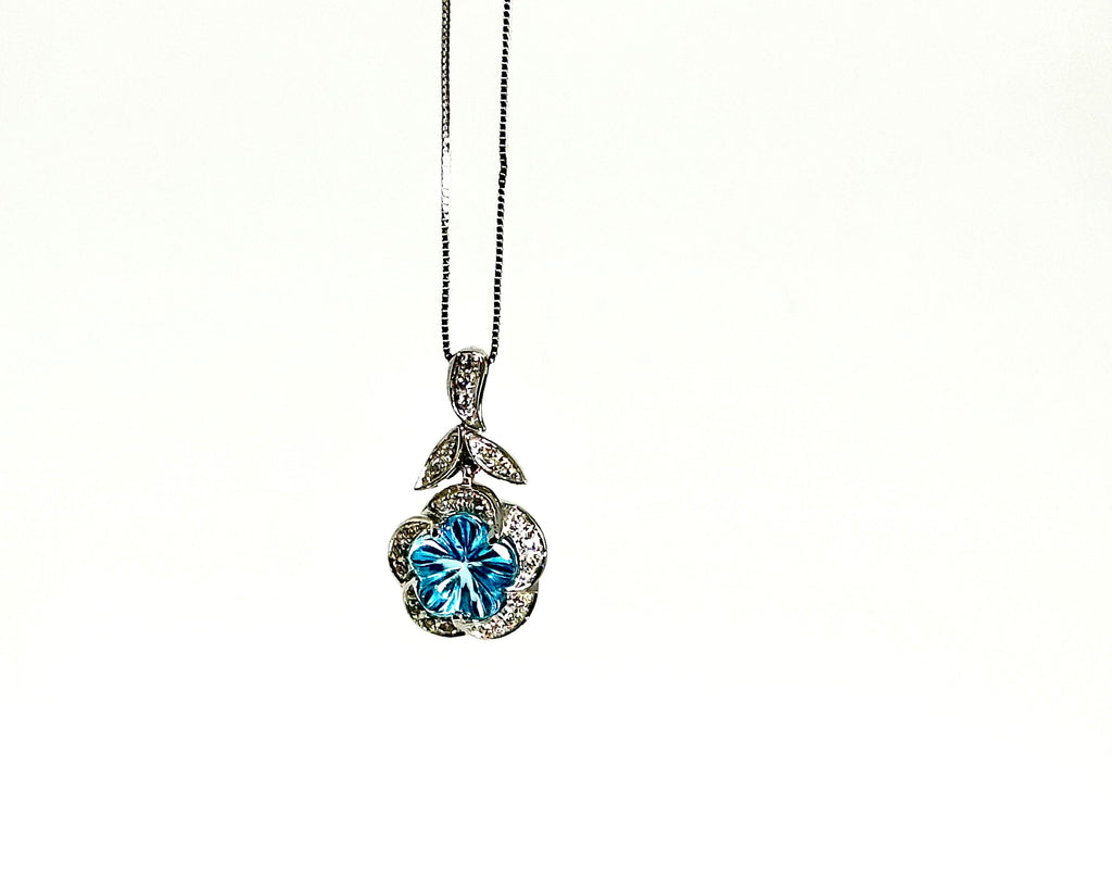 14K White Gold Flower-Cut Blue Topaz Diamond Necklace