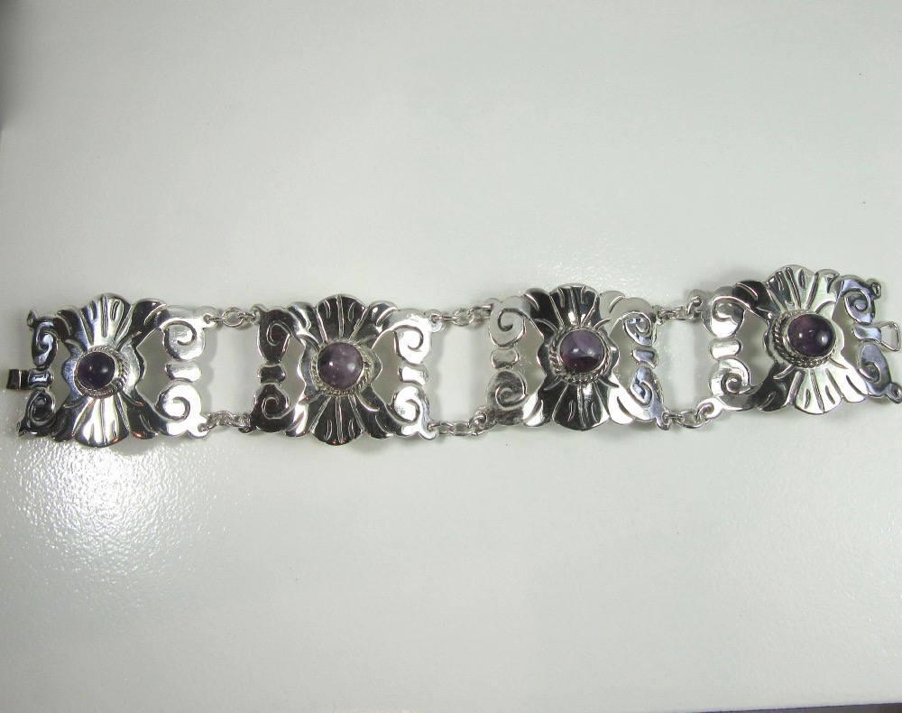 Vintage Mexican Silver Amethyst Link Bracelet: Geometric Scroll Design