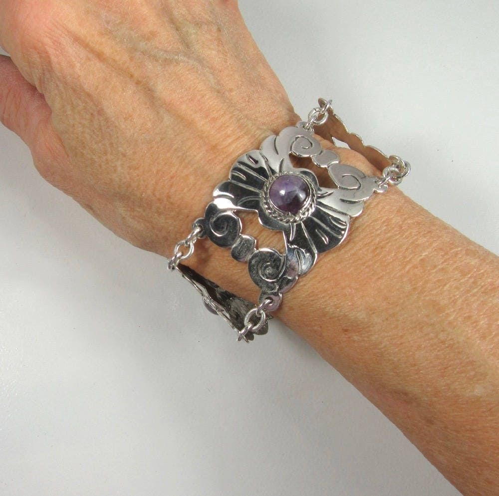 Vintage Mexican Silver Amethyst Link Bracelet: Geometric Scroll Design
