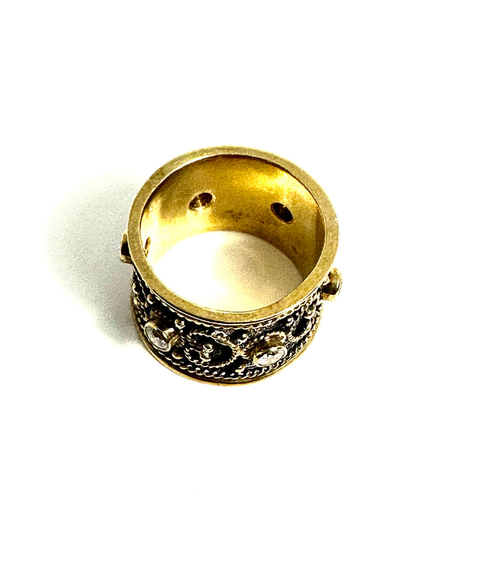 Hand Crafted Oxidized Sterling Silver Ring with Gold Plated Accents and Cubic Zirconia