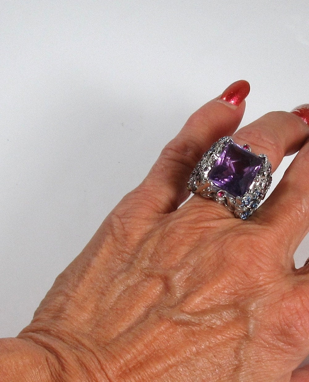 18K White Gold Amethyst Cocktail Ring: Sapphire, Ruby, Diamond Butterfly Flower Ring