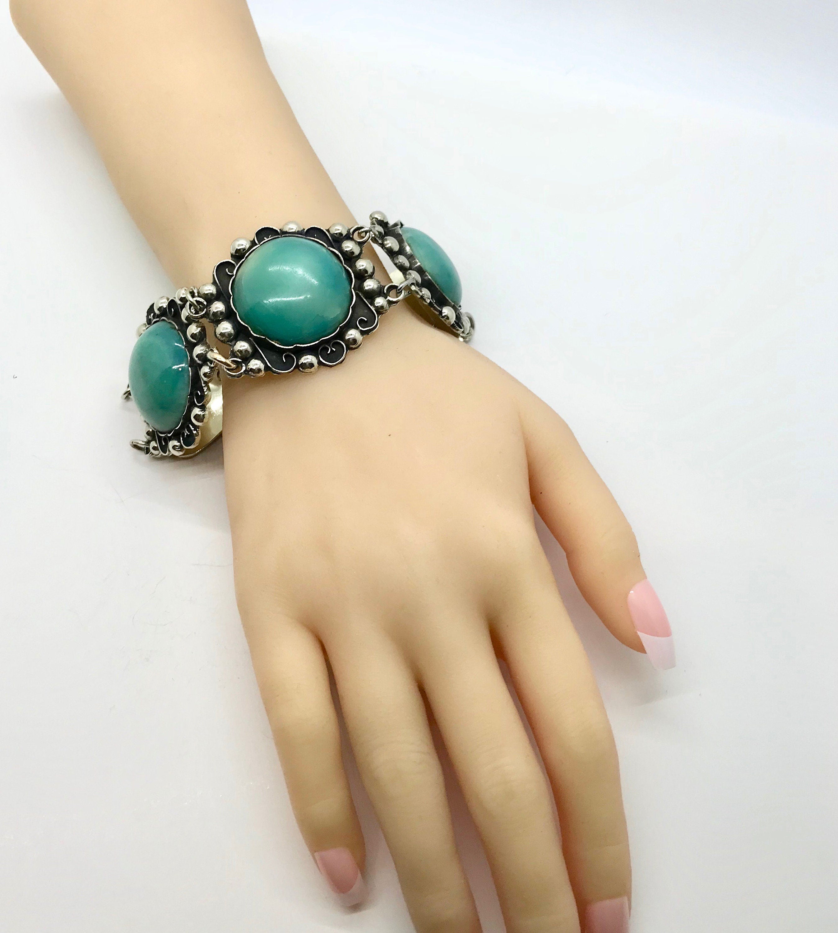 Vintage Mexican Sterling Silver Bracelet: Green Cabochon Glass, Wide Link