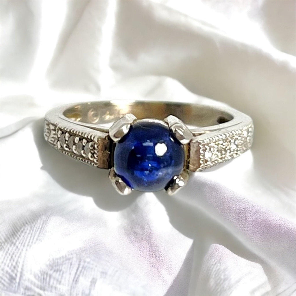 Vintage 14K White Gold Cabochon Sapphire and Diamond Ring