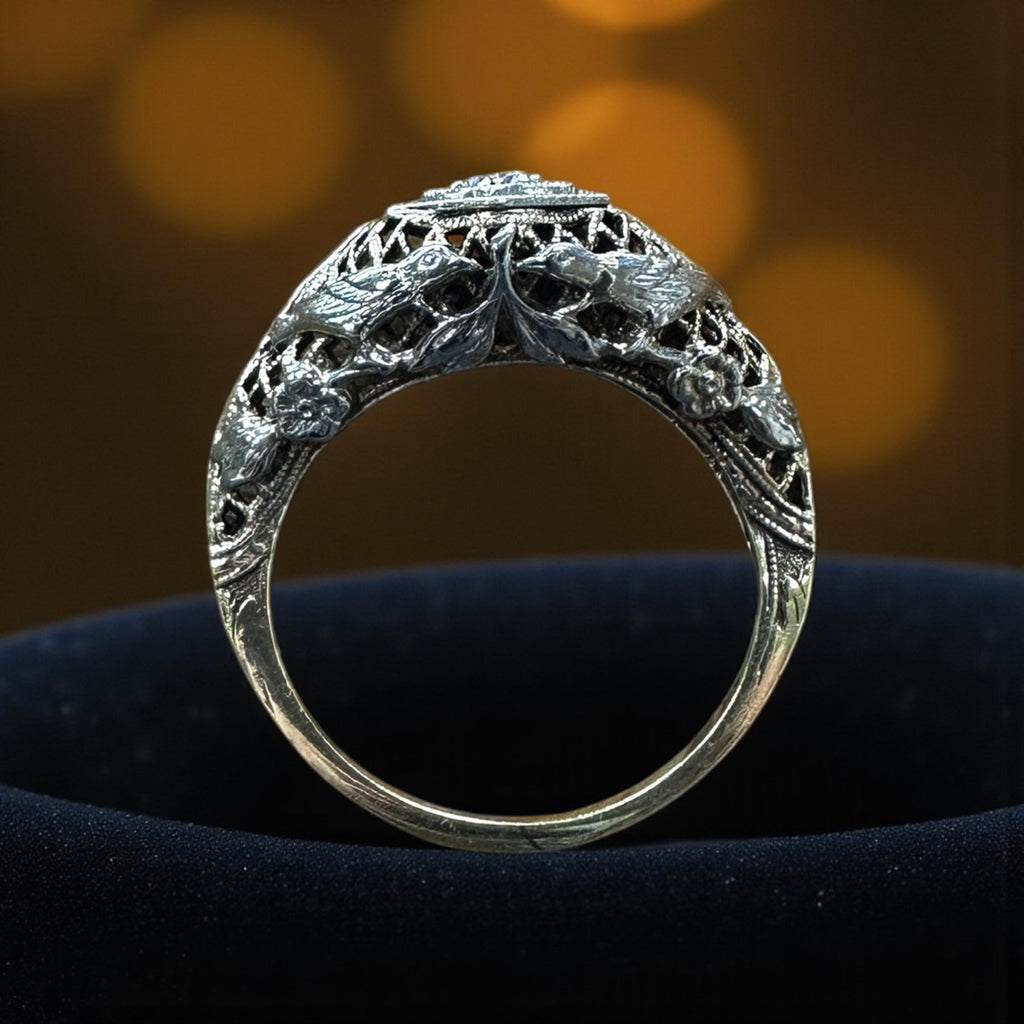 Edwardian 18 Karat White Gold Diamond Filigree Ring with Love Birds