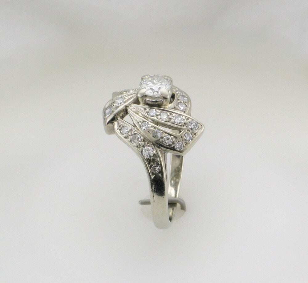 1950s White Gold Diamond Cocktail Ring: 0.34 Carat Center Stone