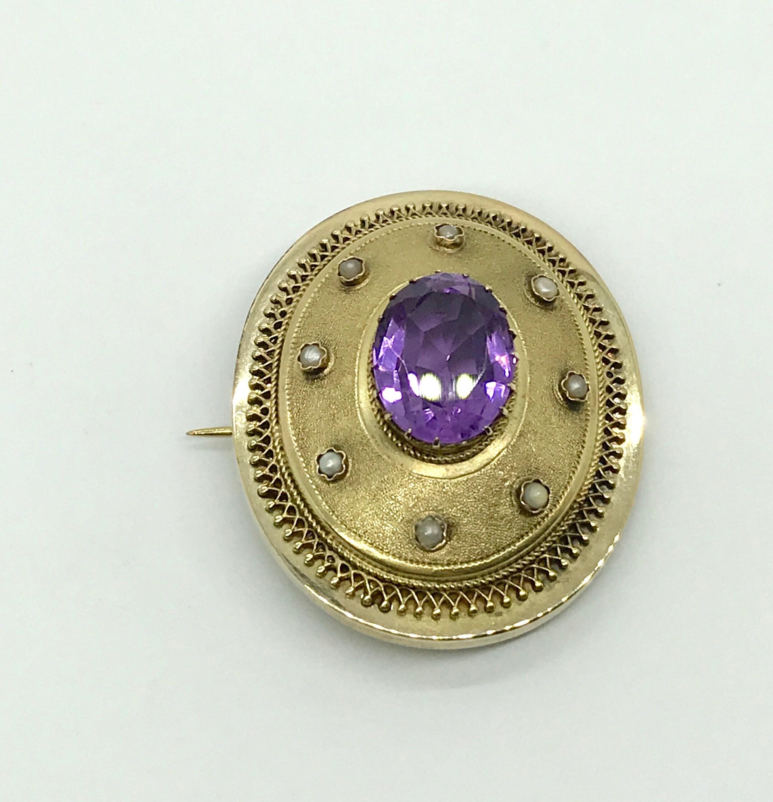 Antique 14k Yellow Gold Amethyst Pearl Brooch: Satin Finish Pin