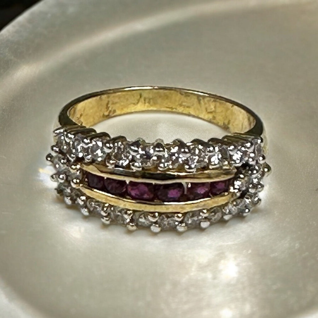 14K Yellow Gold Ruby Diamond Stacking Ring, Estate Vintage Straight Line Band