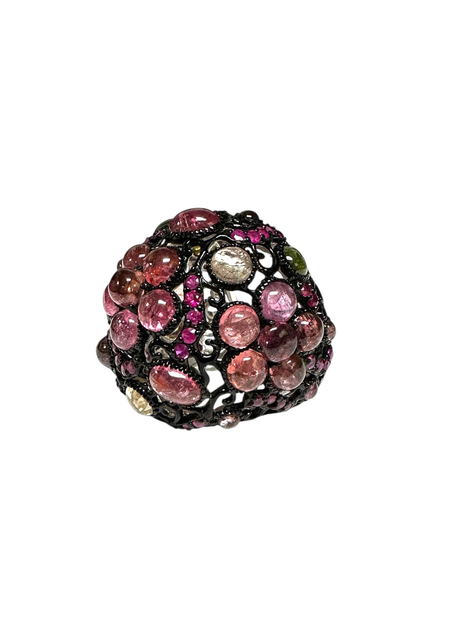 Oxidized Sterling Silver Dome Tourmaline and Ruby Ring, Cabochon Multi-Stone Design