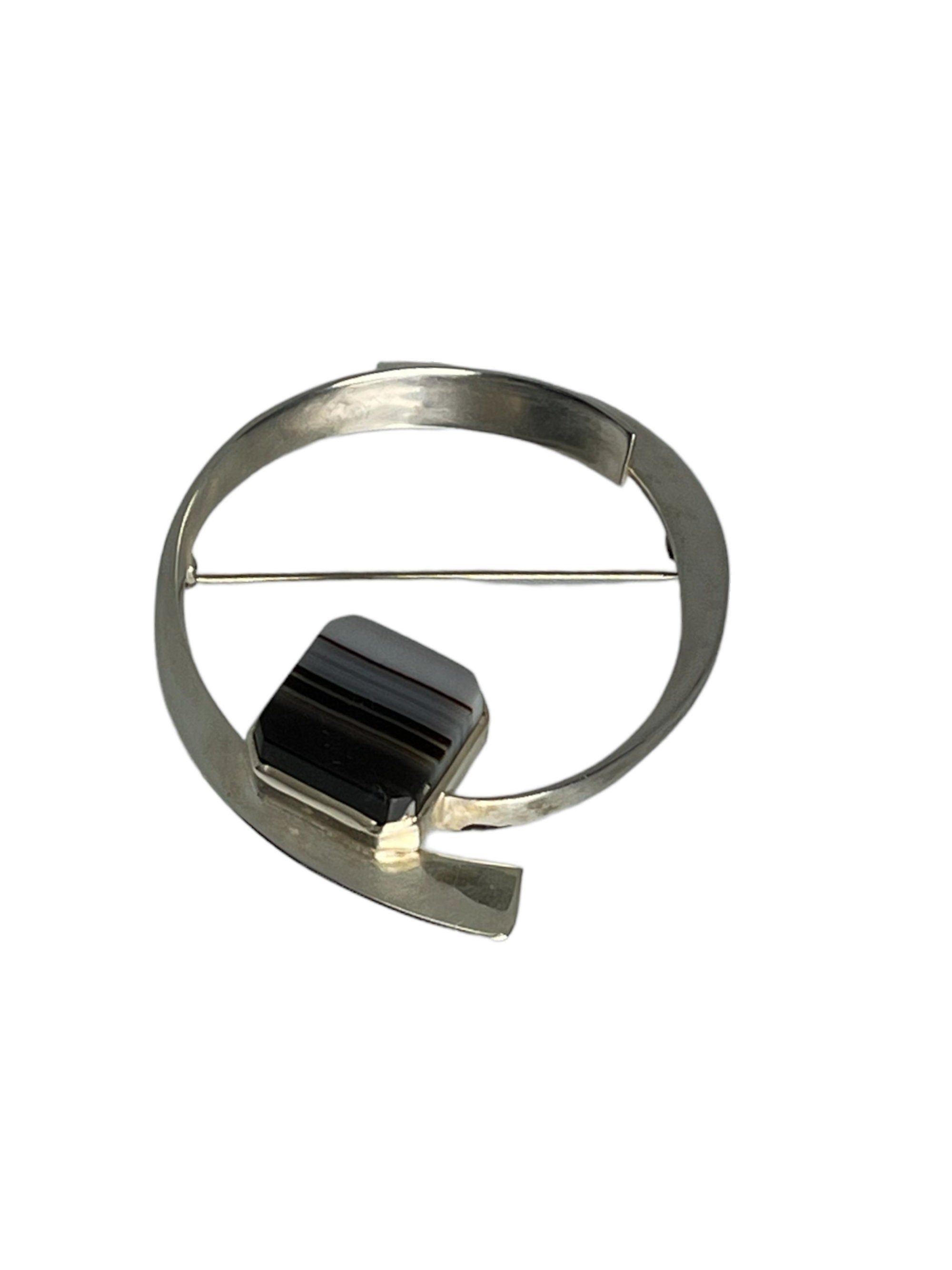 Vintage Banded Agate Brooch: Signed Sterling Silver Pin