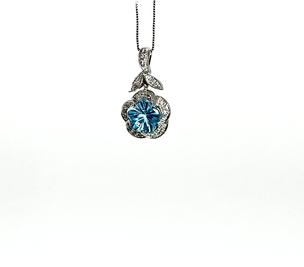 14K White Gold Flower-Cut Blue Topaz Diamond Necklace