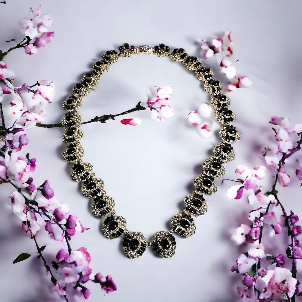 Vintage Sterling Silver Black Onyx Marcasite Link Necklace