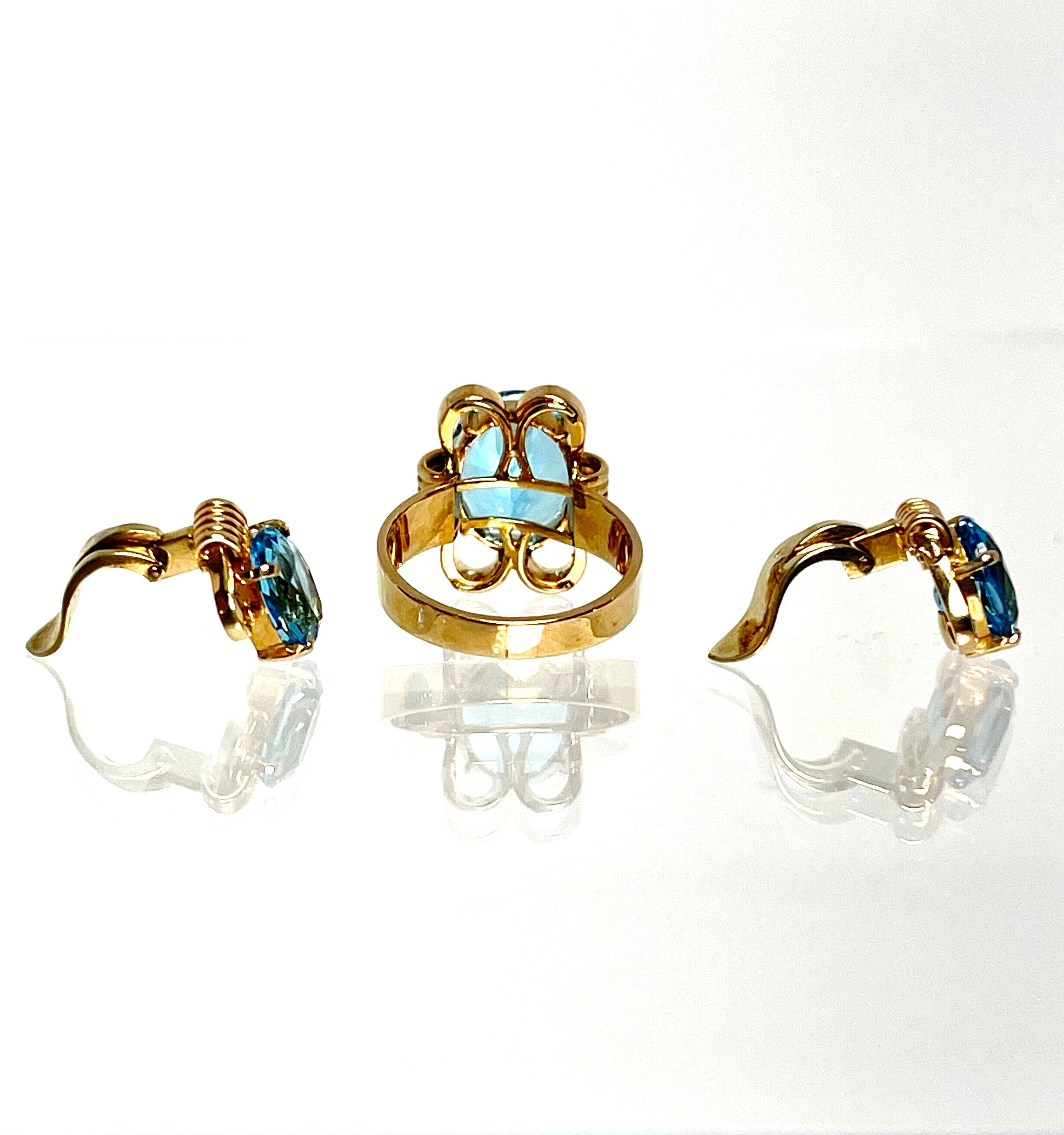 Vintage 14 Karat Yellow Gold Blue Topaz ring and Clip on Earring Set