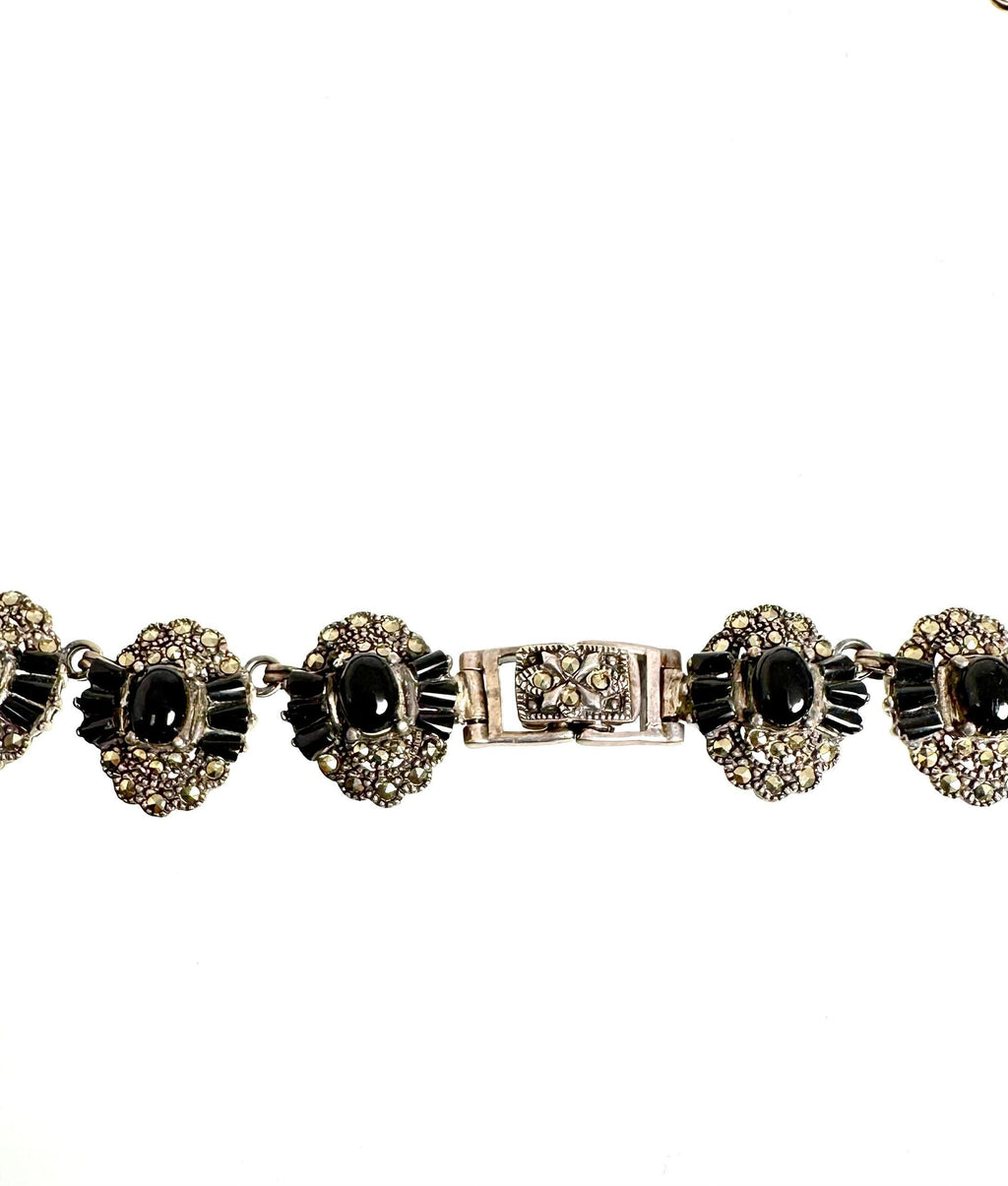 Vintage Sterling Silver Black Onyx Marcasite Link Necklace