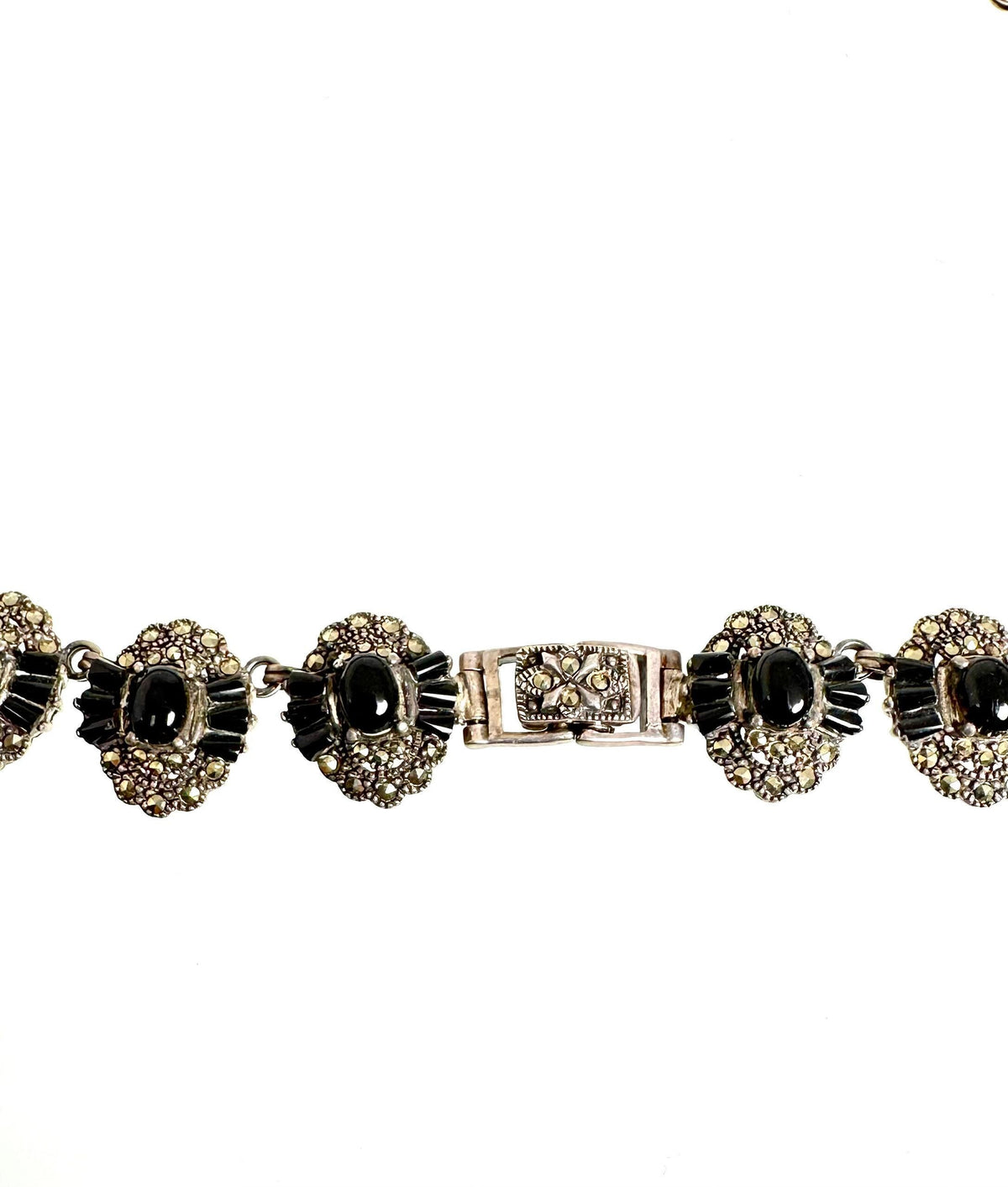 Vintage Sterling Silver Black Onyx Marcasite Link Necklace