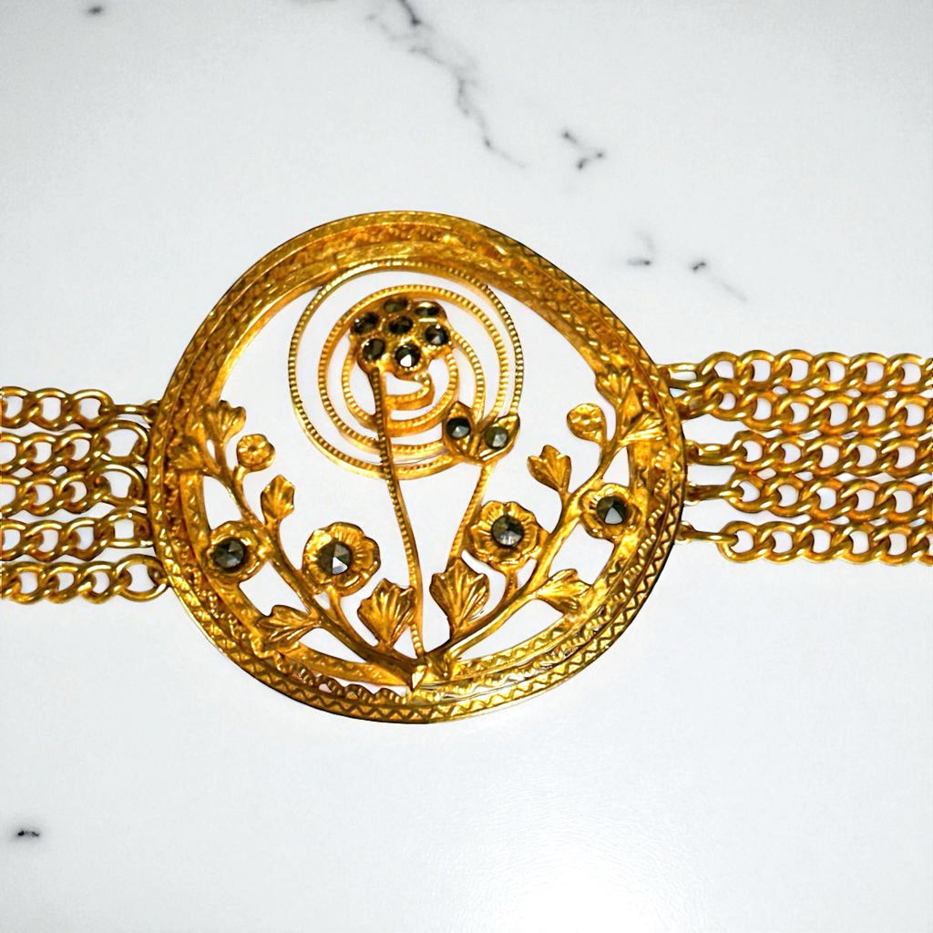 Gold Tone Marcasite Chain Bracelet with Center Flower Design and Scroll Design Clasp