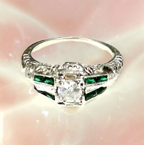 White Gold Diamond and Synthetic Emerald Filigree Engagement Ring