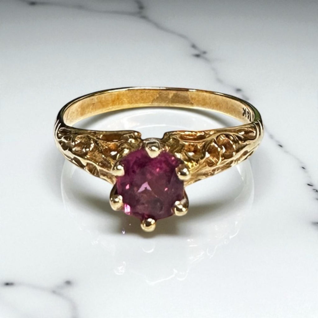 Vintage Ruby Ring, 14k Yellow Gold Filigree, July Birthstone