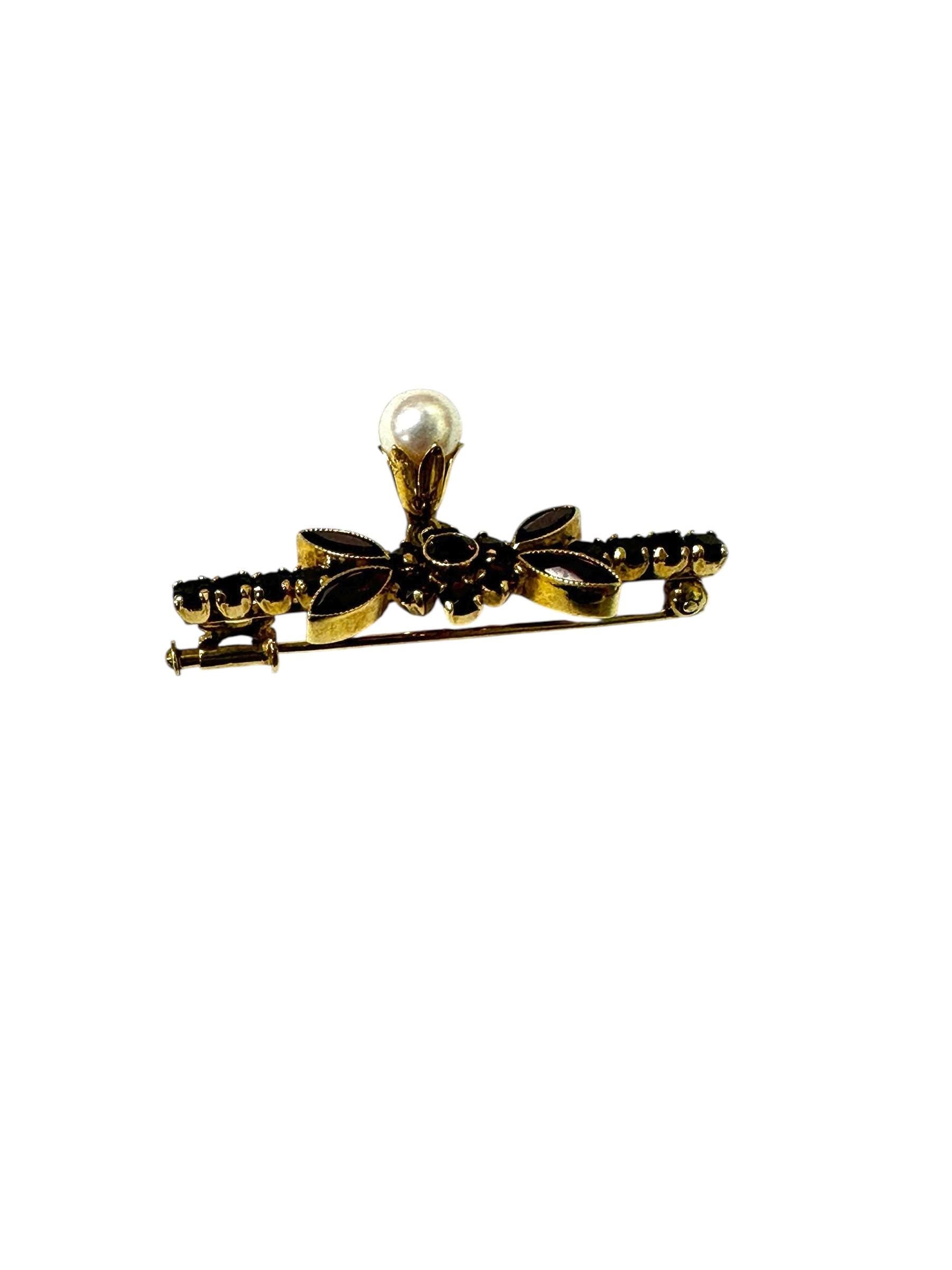 14K Yellow Gold Garnet Bar Pin with Cultured Pearl Drop in Floral Design