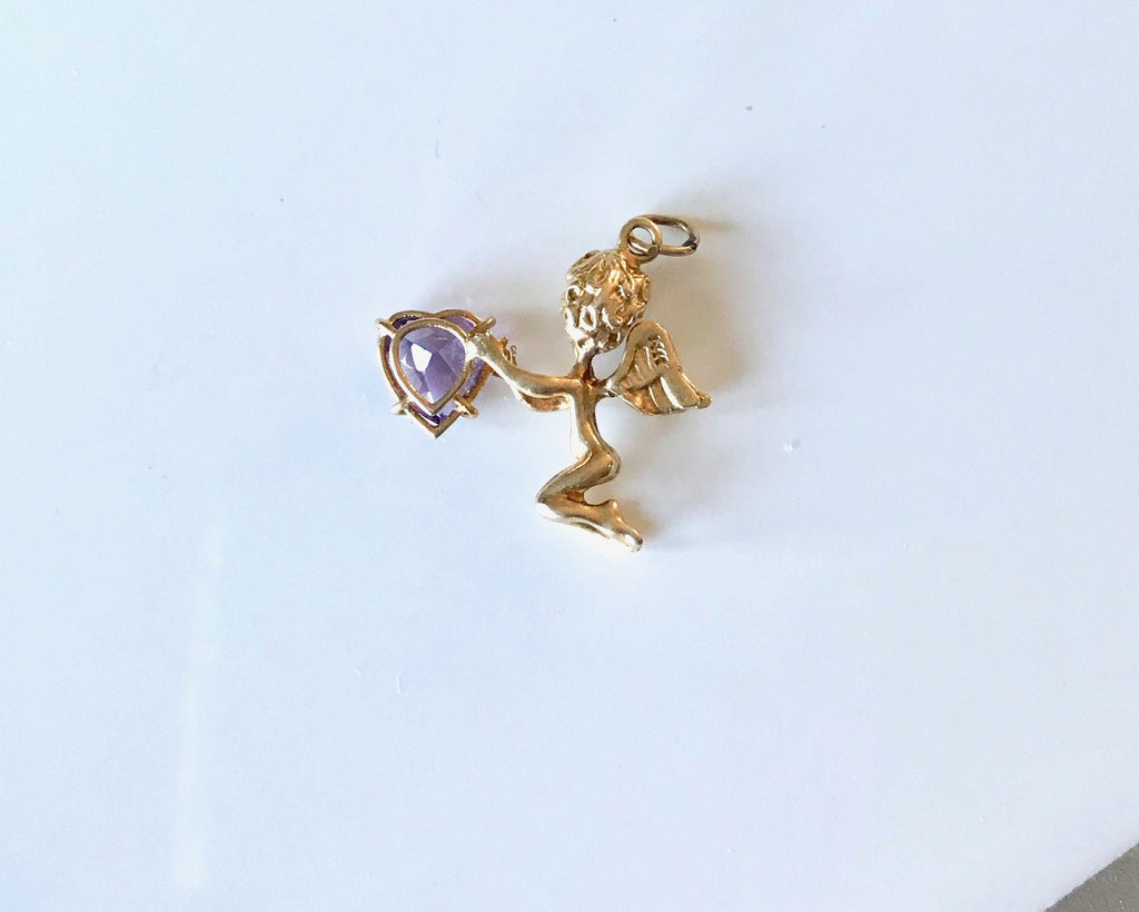 14k Yellow Gold Angel Pendant: Vintage Amethyst Heart, February Birthstone