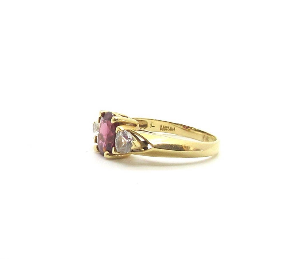 Vintage 14 karat Yellow Gold Rhodolite Garnet and Cubic Zirconia Ring