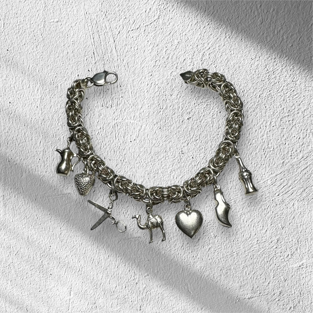 Vintage Sterling Silver Byzantine Bracelet with Charms: Soda, Shoe, Heart, Camel