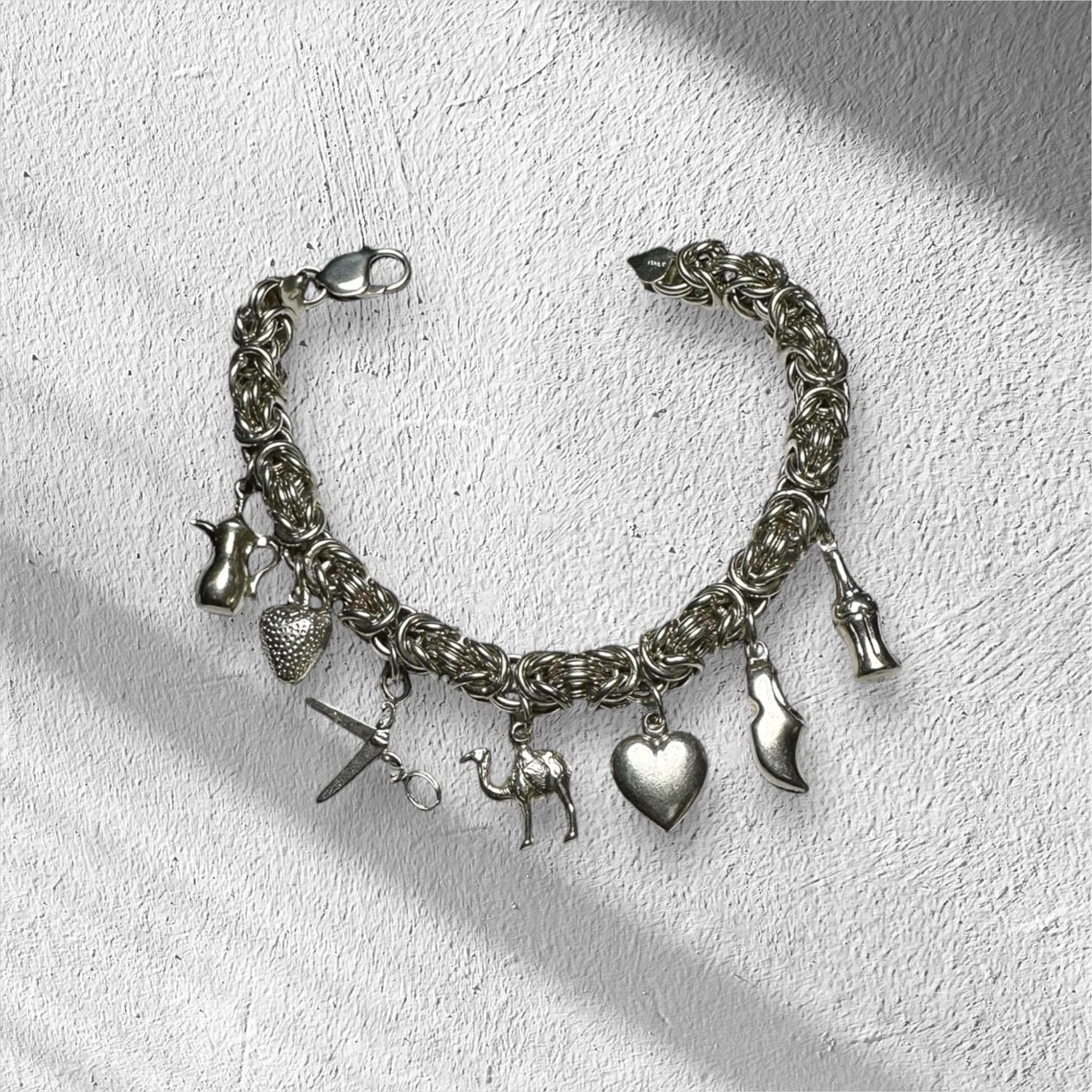Vintage Sterling Silver Byzantine Bracelet with Charms: Soda, Shoe, Heart, Camel