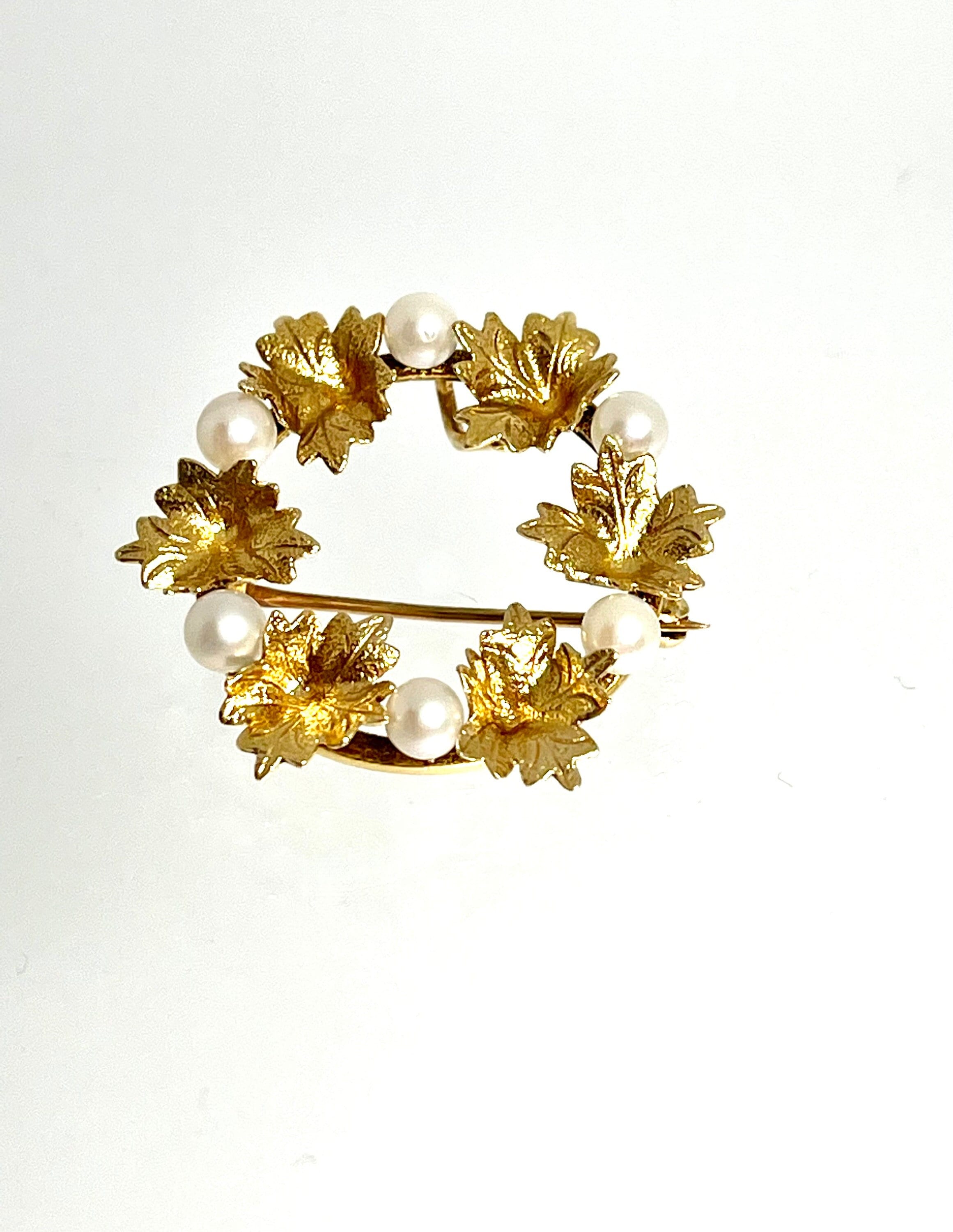 14k Gold Leaf Wreath Brooch: Vintage Cultured Pearl Pin/Pendant