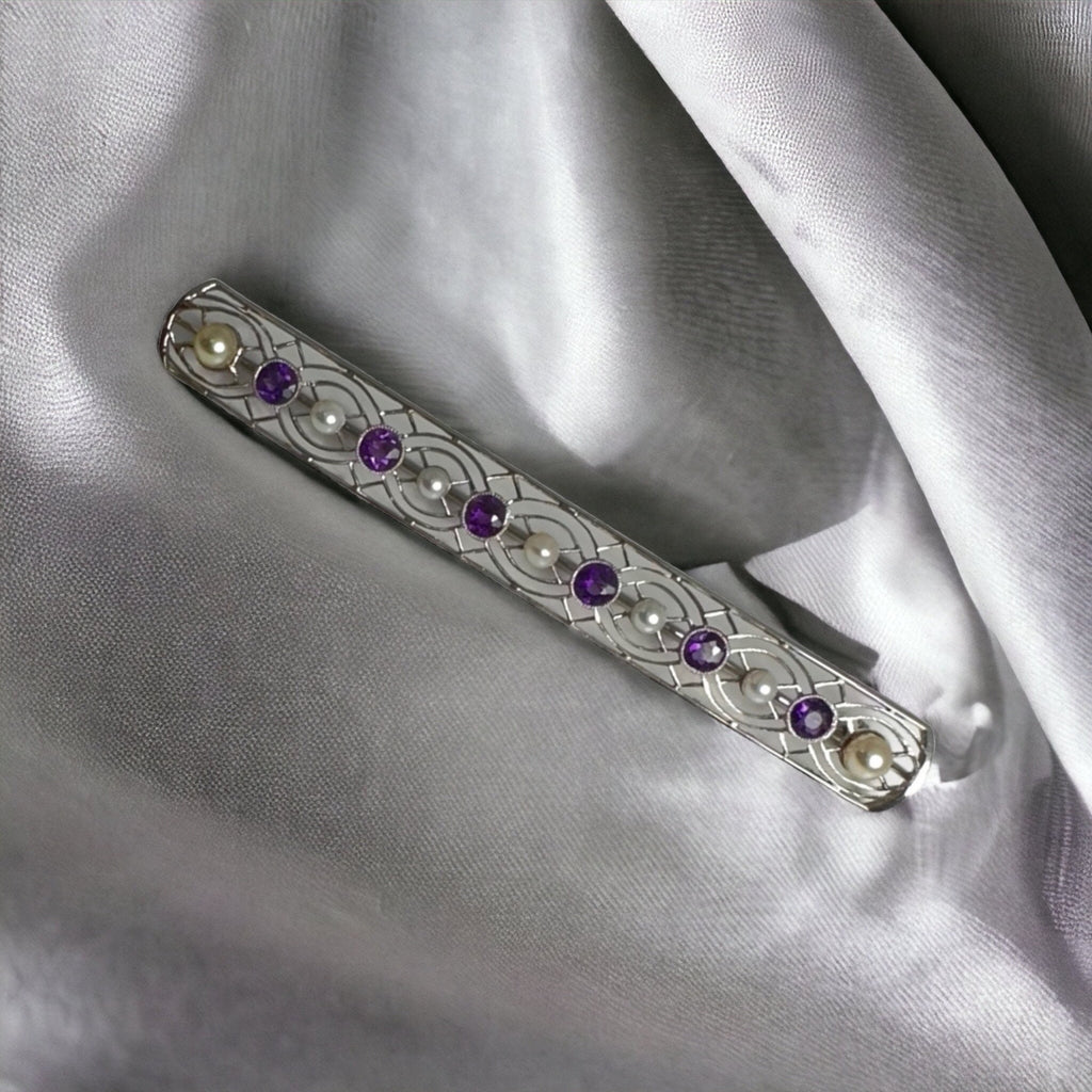 18K White Gold Bar Brooch: Amethyst & Cultured Pearl Pin