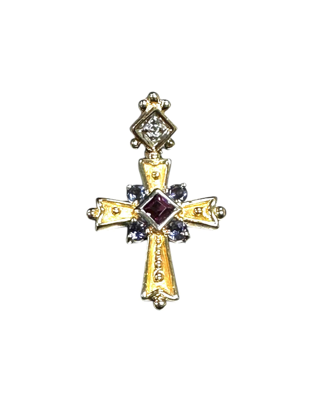 Vintage 14K Yellow Gold Cross Pendant: Pink Tourmaline, Tanzanite & Diamond