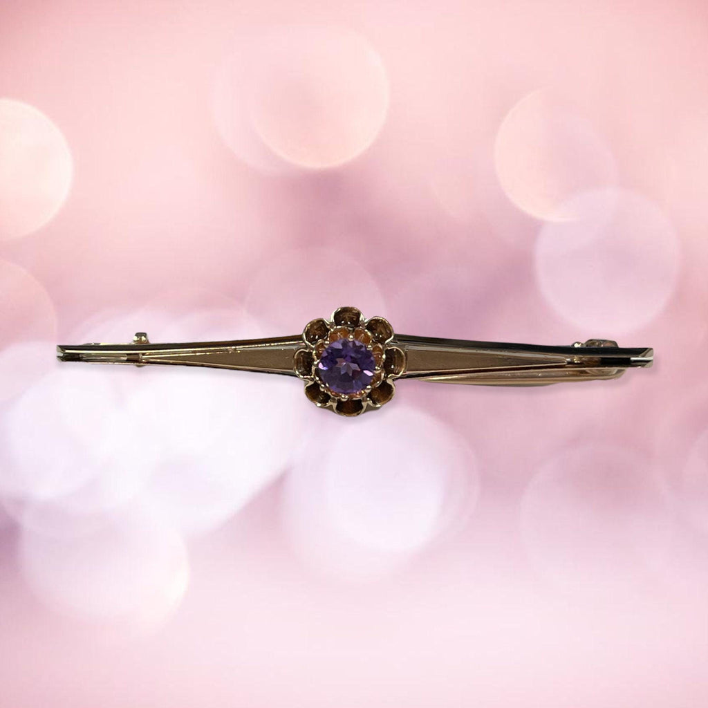 Antique 14k Yellow Gold Amethyst Bar Pin Brooch