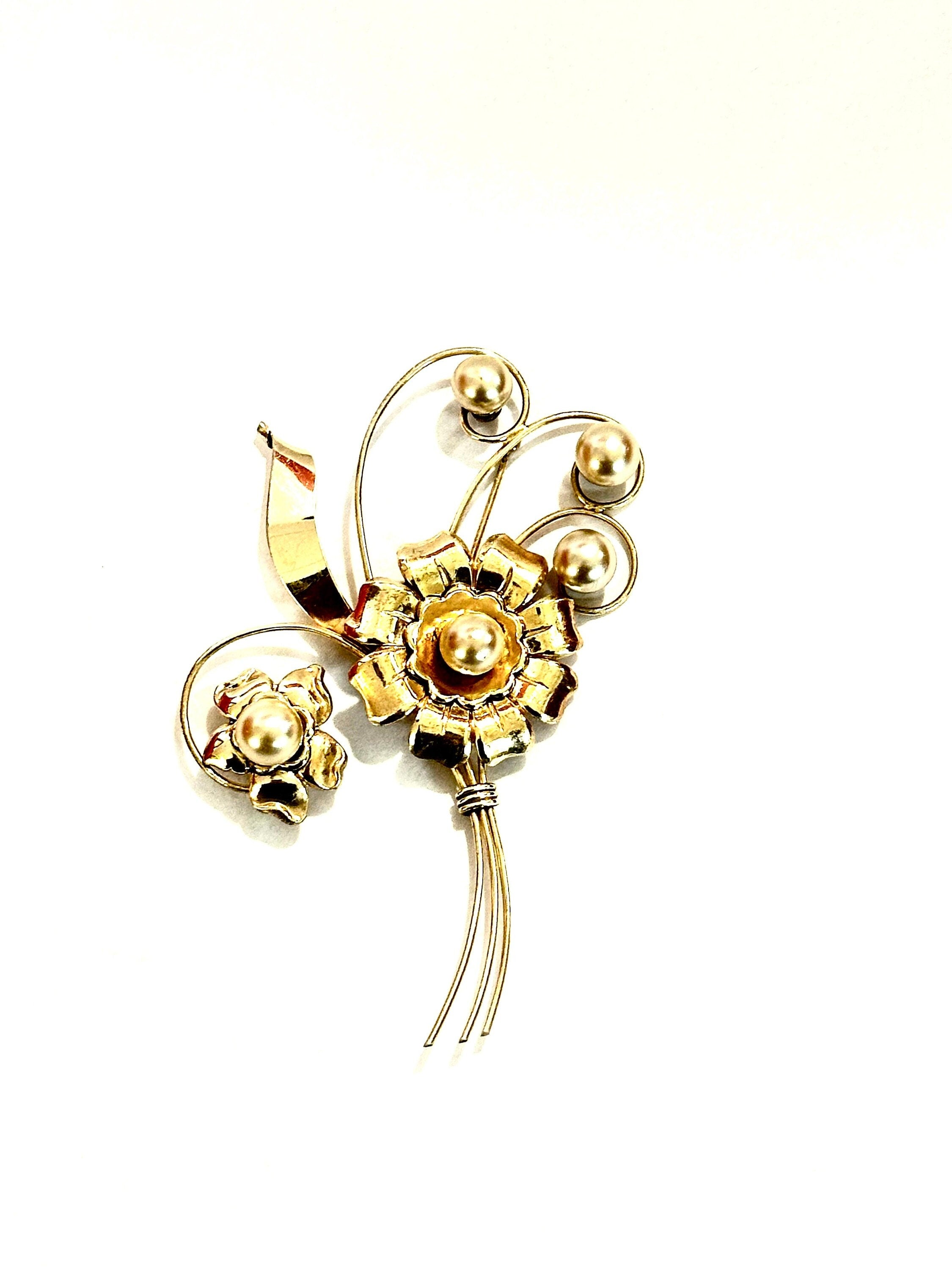 Vintage Gold over Sterling Silver Floral Spray Pin by HI - Unique and Timeless
