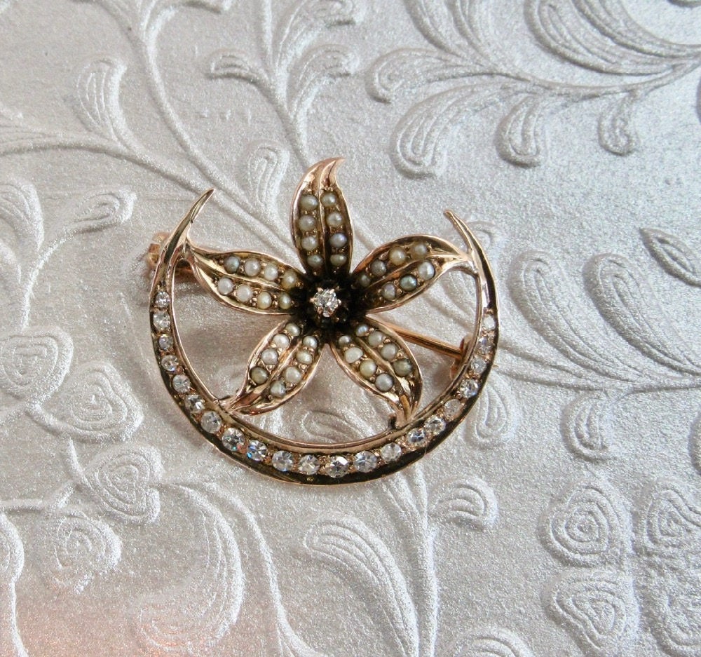 Antique Diamond & Pearl Crescent Star Pin: Victorian 14k Gold