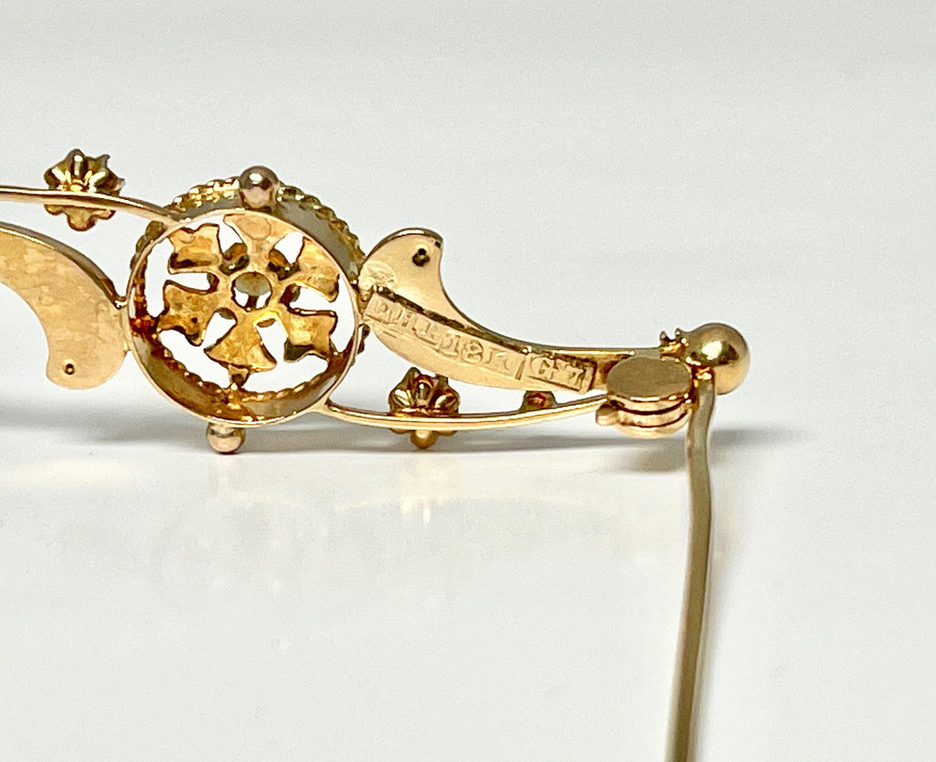 Antique 18K Yellow Gold Pearl Brooch: Victorian Bar Pin