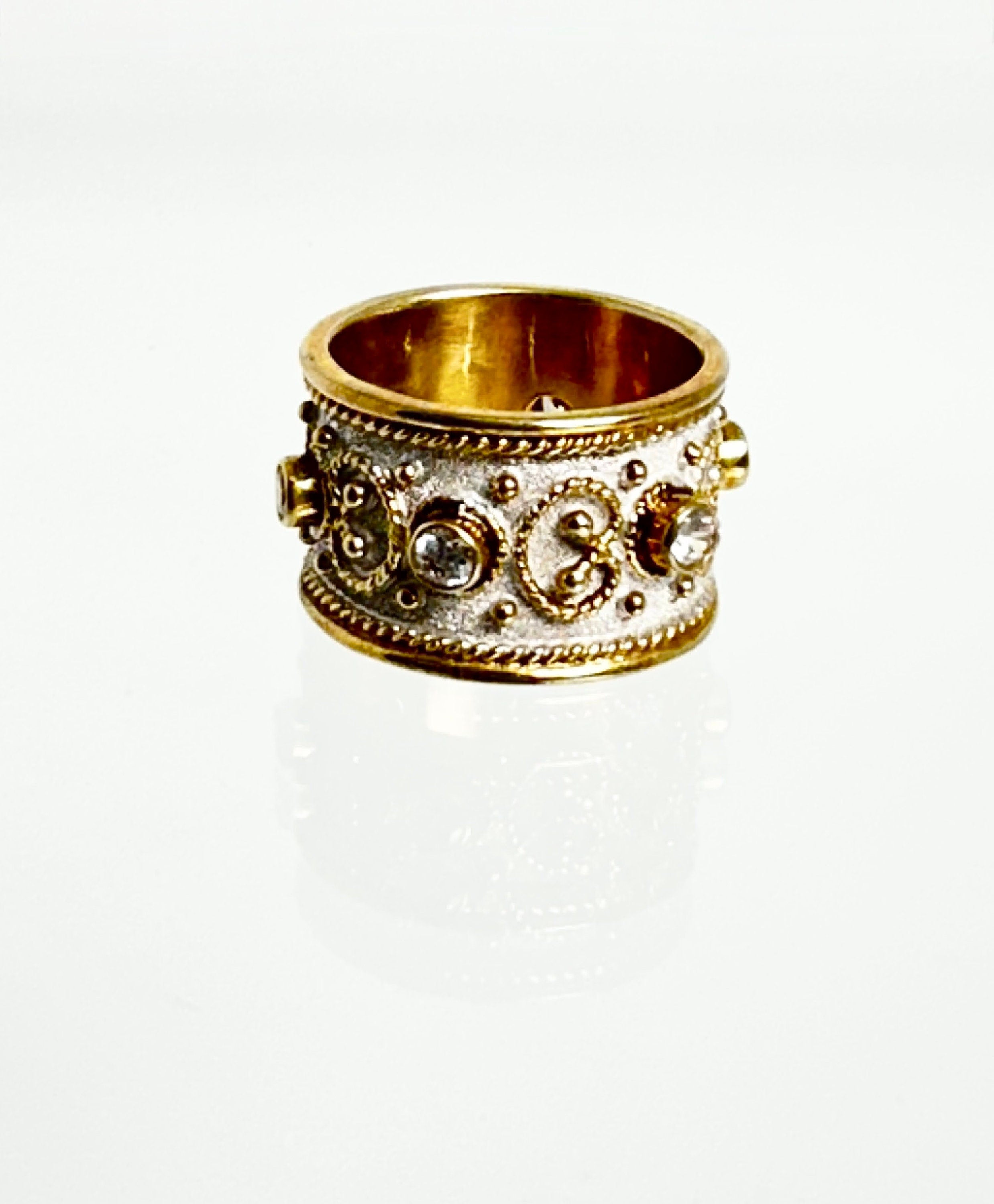 Hand Crafted Sterling Silver Ring with Gold Plated Accents and Cubic Zirconia