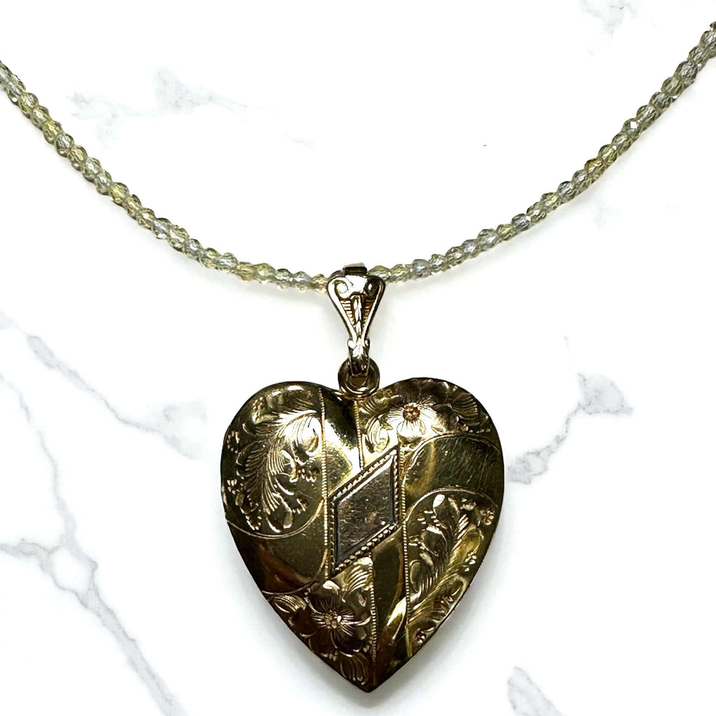 Vintage Gold-Filled Engraved Heart Locket Necklace Suspended by Quartz Crystal